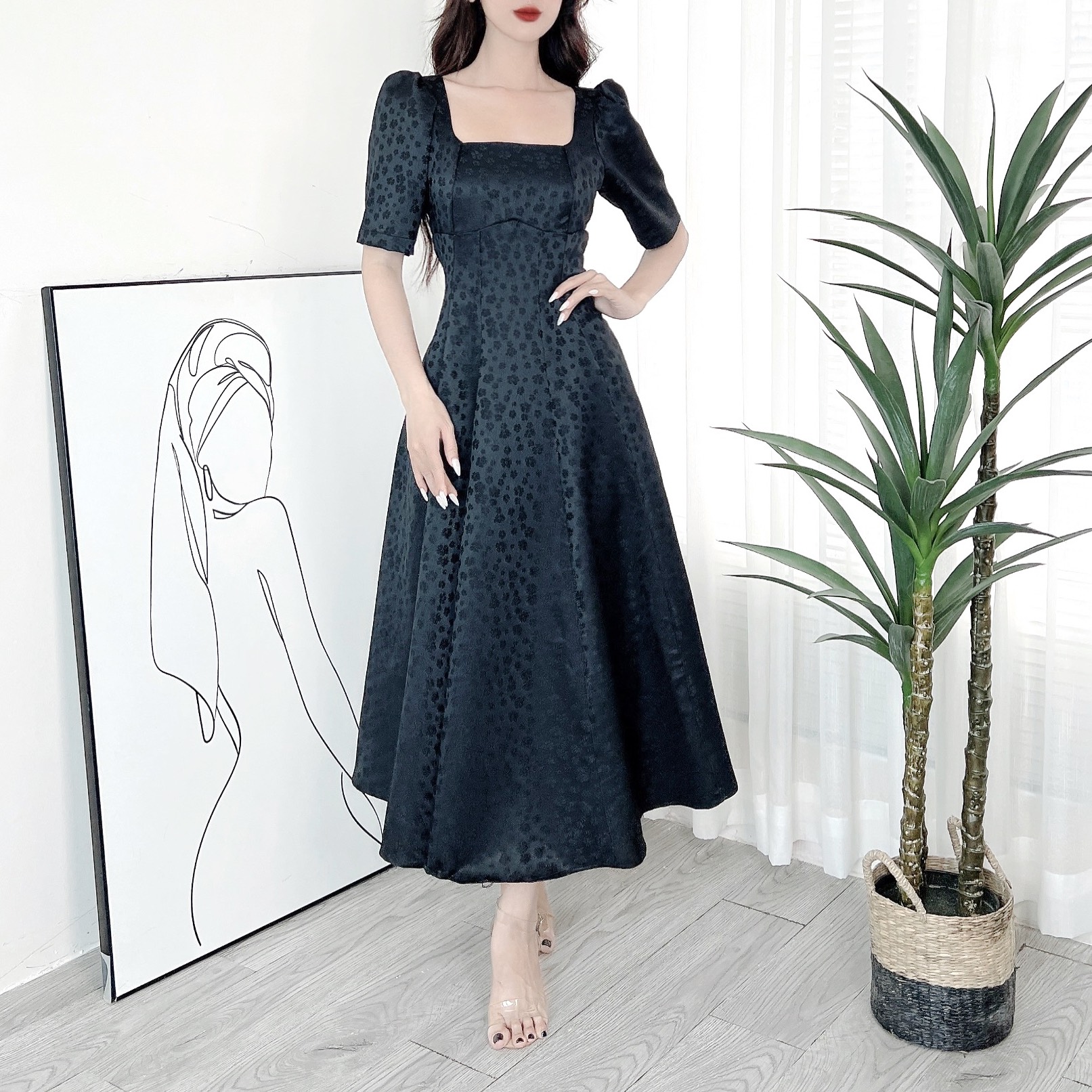 Đầm Midi Nữ Cổ Vuông Tay Ngắn Dáng Dài Xòe Hoa Nổi Chất Gấm In Hoa QC Đi Tiệc MIMIX - DU4