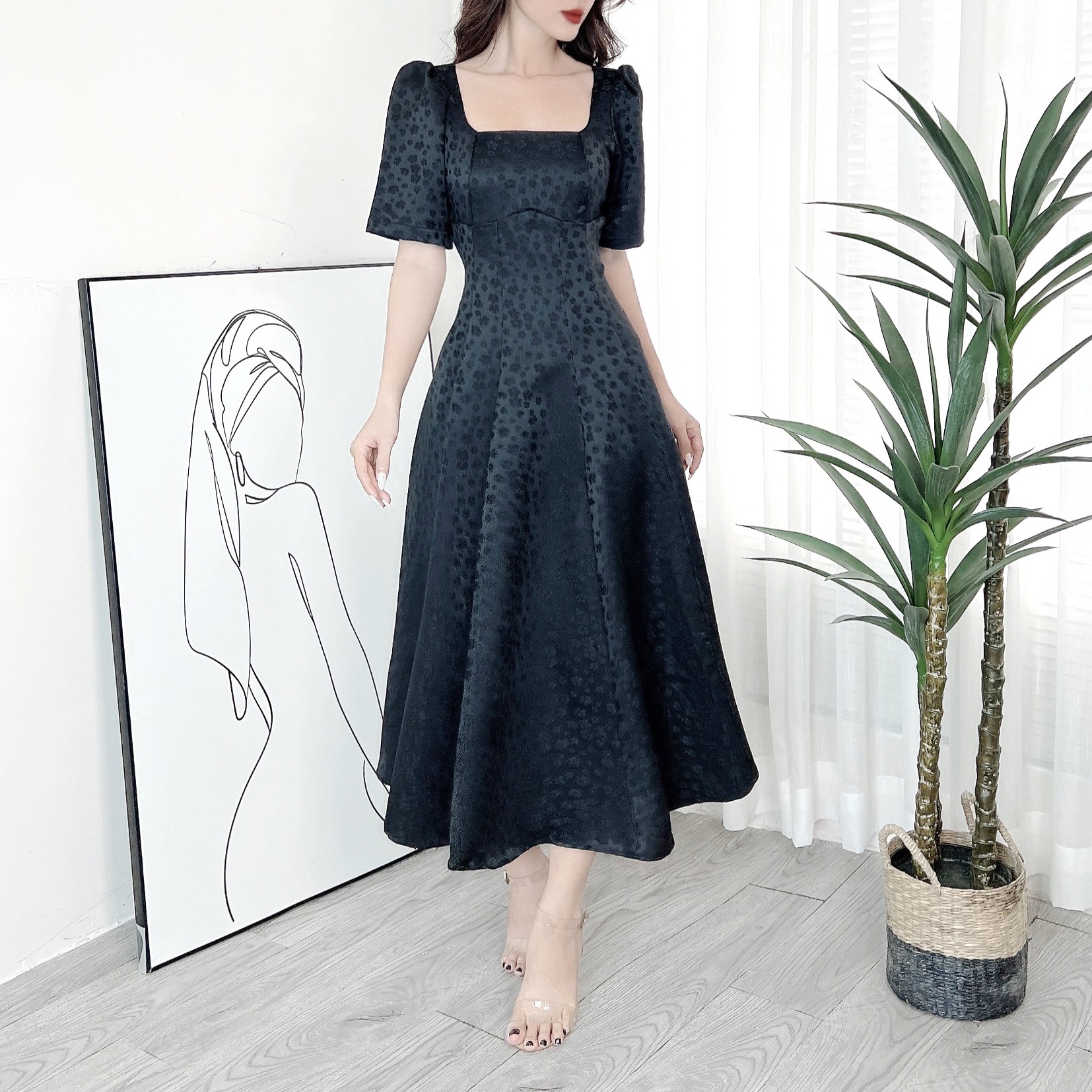 Đầm Midi Nữ Cổ Vuông Tay Ngắn Dáng Dài Xòe Hoa Nổi Chất Gấm In Hoa QC Đi Tiệc MIMIX - DU4