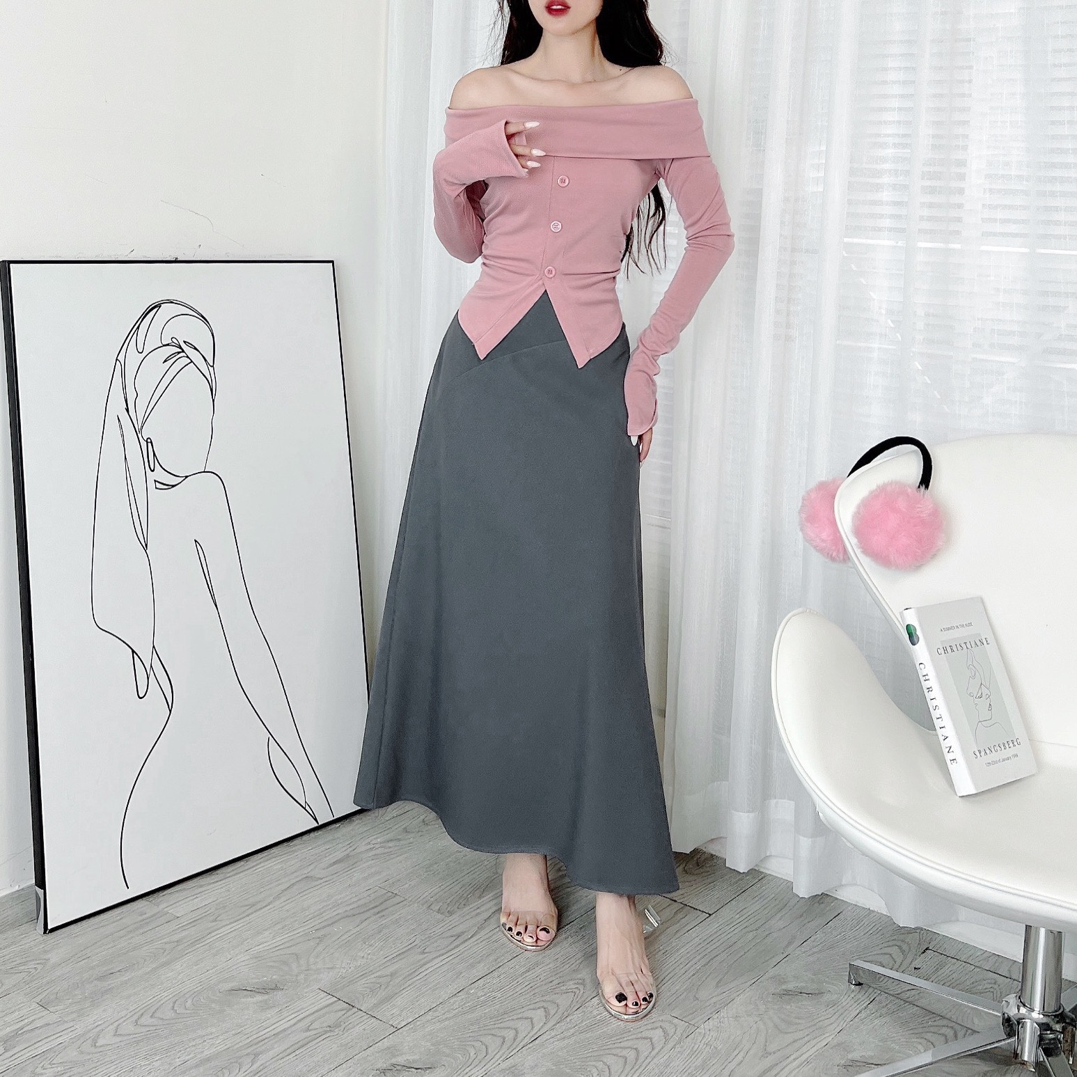 Áo Trễ Vai Tay Dài Đính Nút Trơn Nữ Chất Thun Lụa Vân Nhuyễn Đi Du Lịch Đi Làm MIMIX - DV3