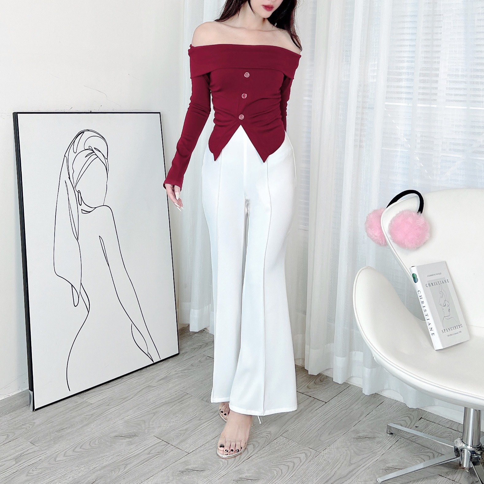 Áo Trễ Vai Tay Dài Đính Nút Trơn Nữ Chất Thun Lụa Vân Nhuyễn Đi Du Lịch Đi Làm MIMIX - DV3