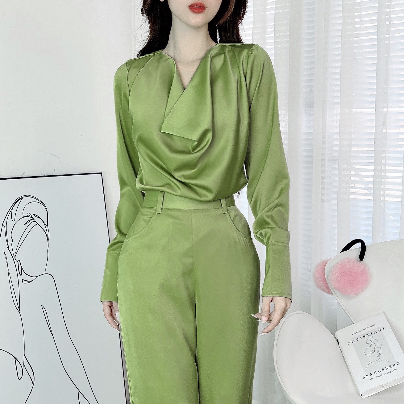 Set Bộ Nữ Áo Cổ Đổ Tay Dài Mix Quần Baggy Dáng Dài Chất Lụa Tô Châu Công Sở MIMIX - DV7
