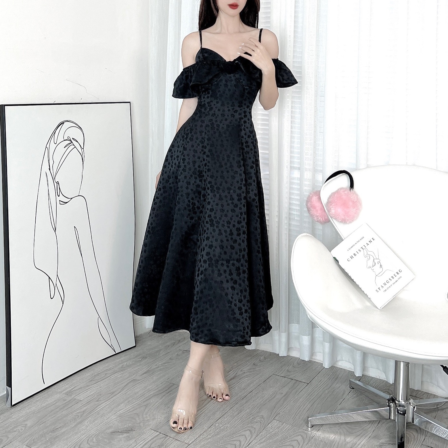 Đầm Midi Gấm 2D Bèo Vai Hoa Ngực Chất Gấm In Hoa QC Đi Tiệc MIMIX - DW0