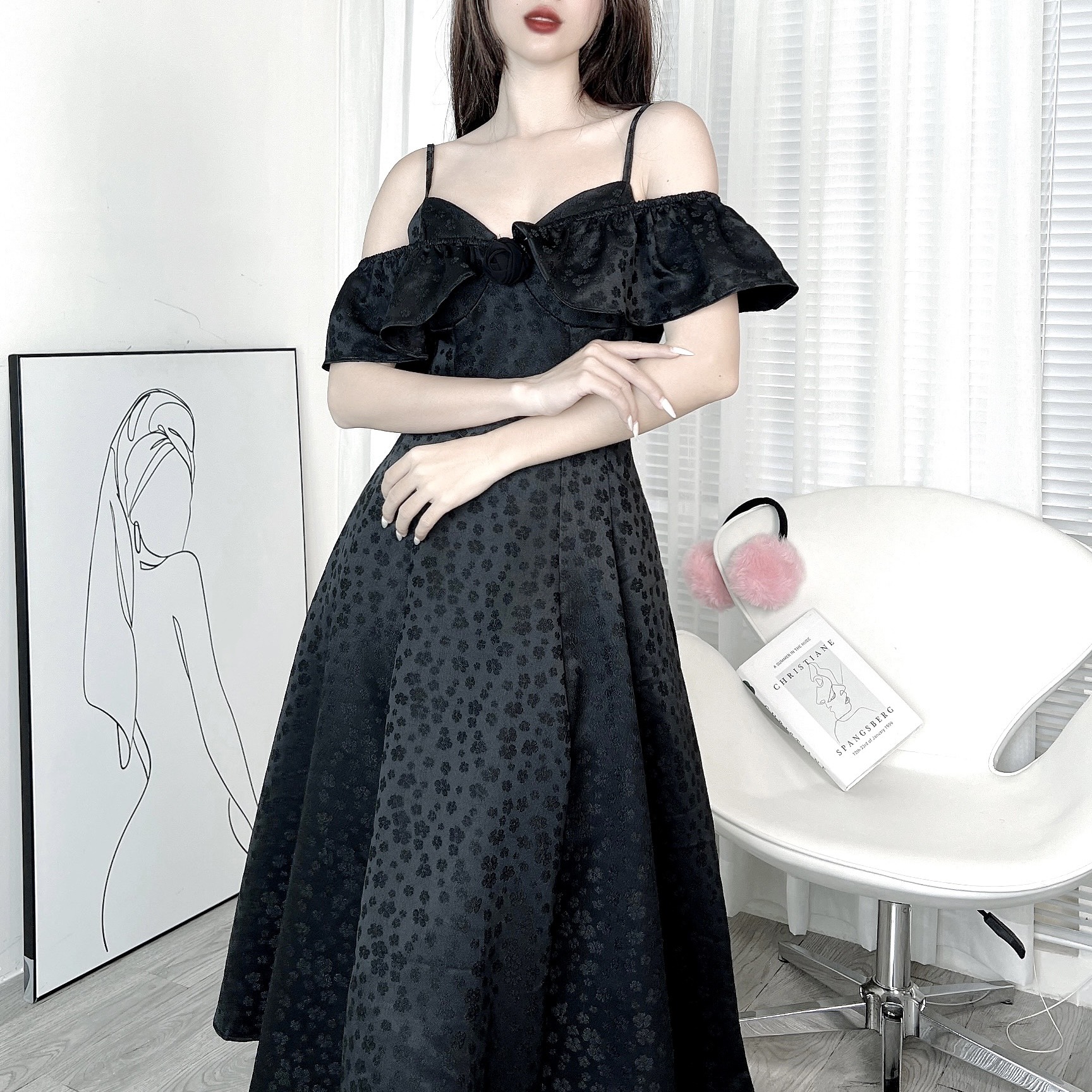 Đầm Midi Gấm 2D Bèo Vai Hoa Ngực Chất Gấm In Hoa QC Đi Tiệc MIMIX - DW0