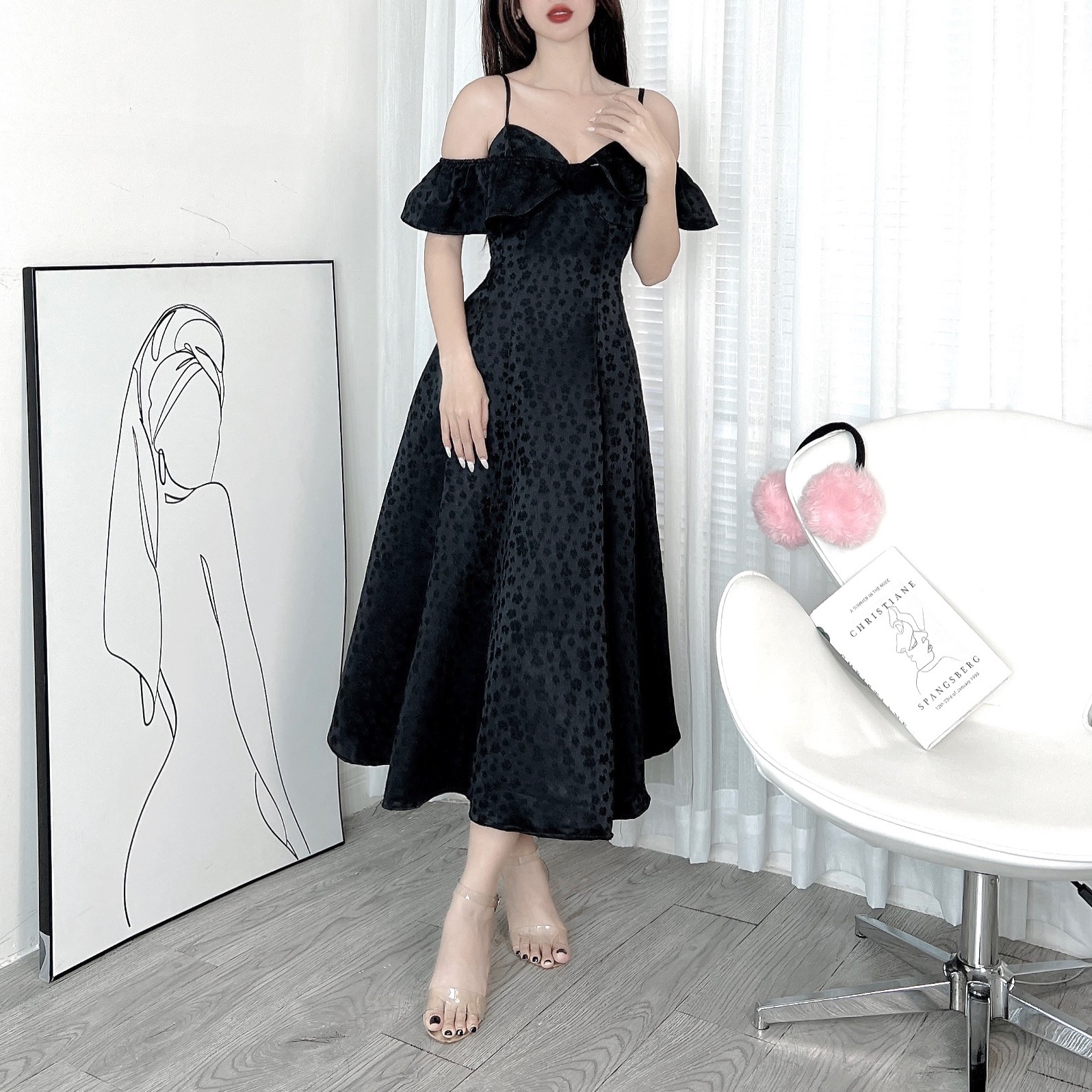 Đầm Midi Gấm 2D Bèo Vai Hoa Ngực Chất Gấm In Hoa QC Đi Tiệc MIMIX - DW0