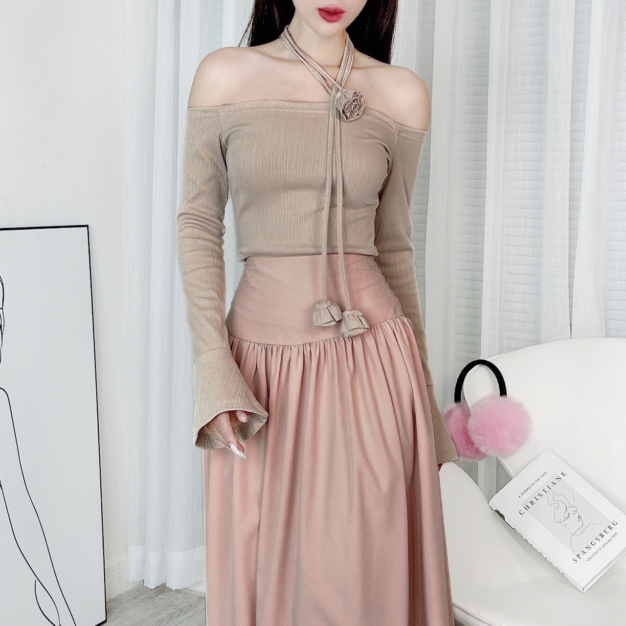 Áo Kiểu Nữ Trễ Vai Phối Chocker Hoa Trơn Thun Hàn Đi Du Lịch Đi Làm MIMIX - DW5