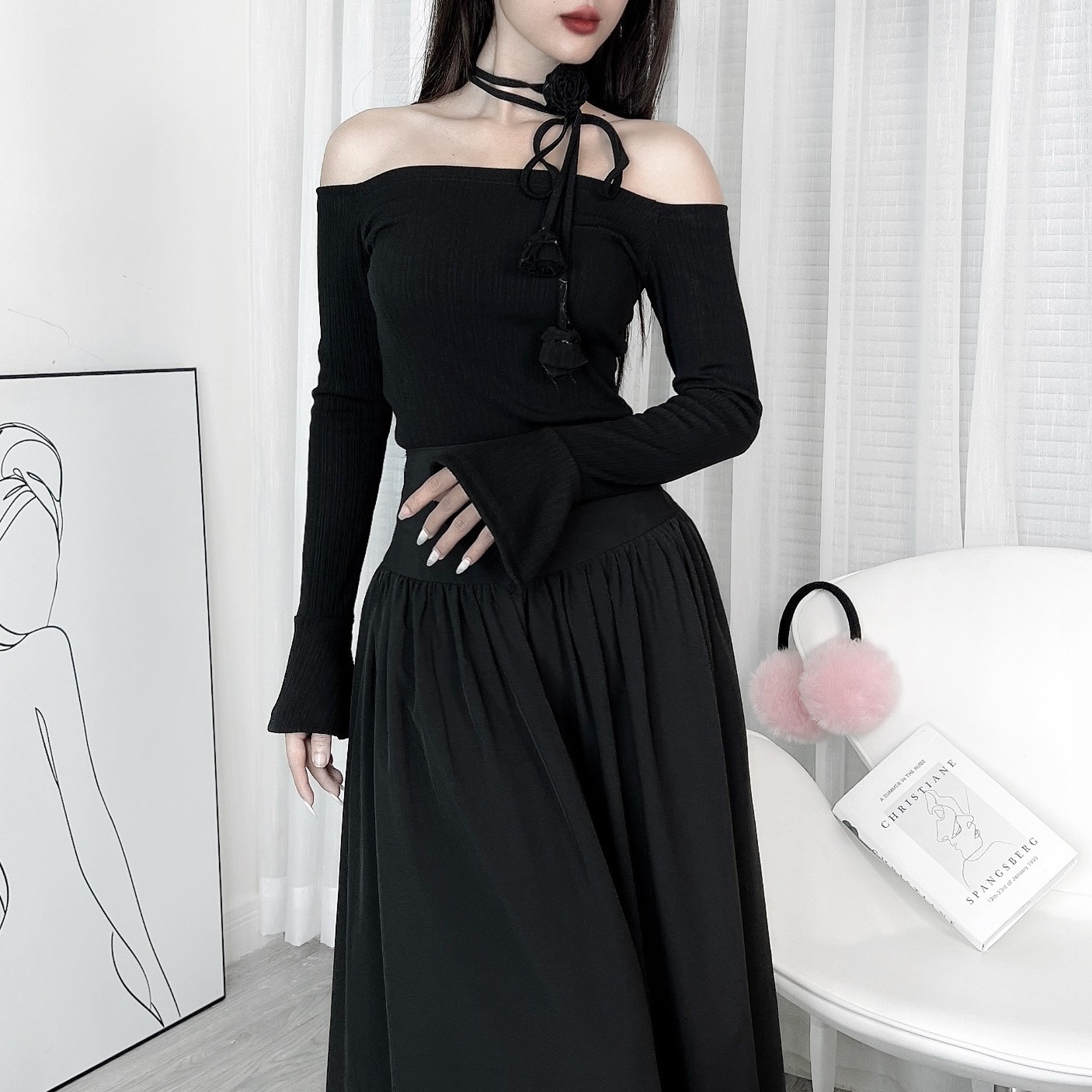 Áo Kiểu Nữ Trễ Vai Phối Chocker Hoa Trơn Thun Hàn Đi Du Lịch Đi Làm MIMIX - DW5