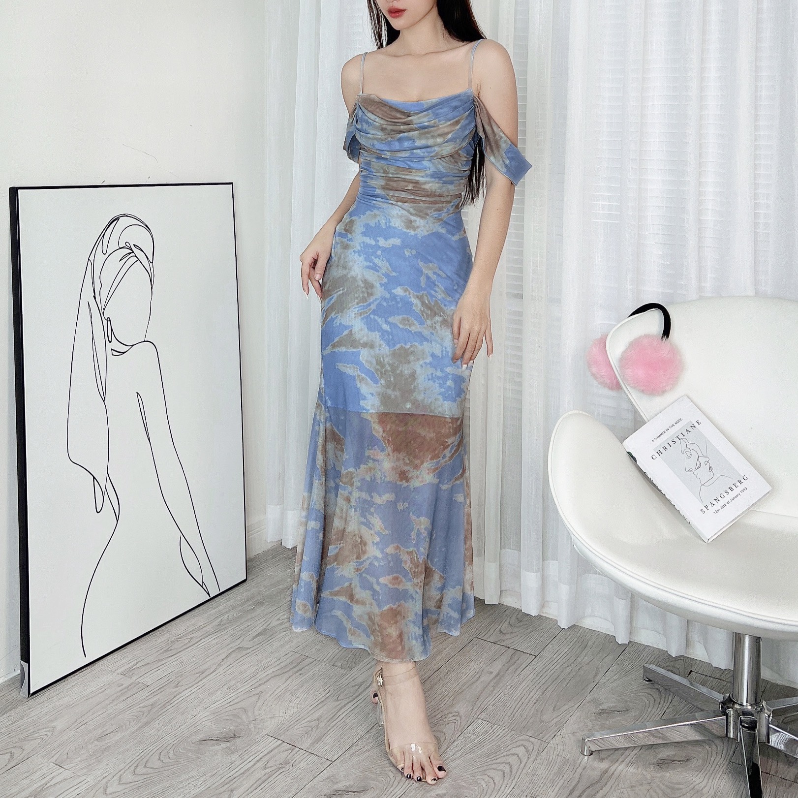 Đầm 2 Dây Hoa Cổ Đổ Rớt Tay Dáng Dài Chất Thun Lưới In Hoa Đi Tiệc Sang Trọng MIMIX - DF9