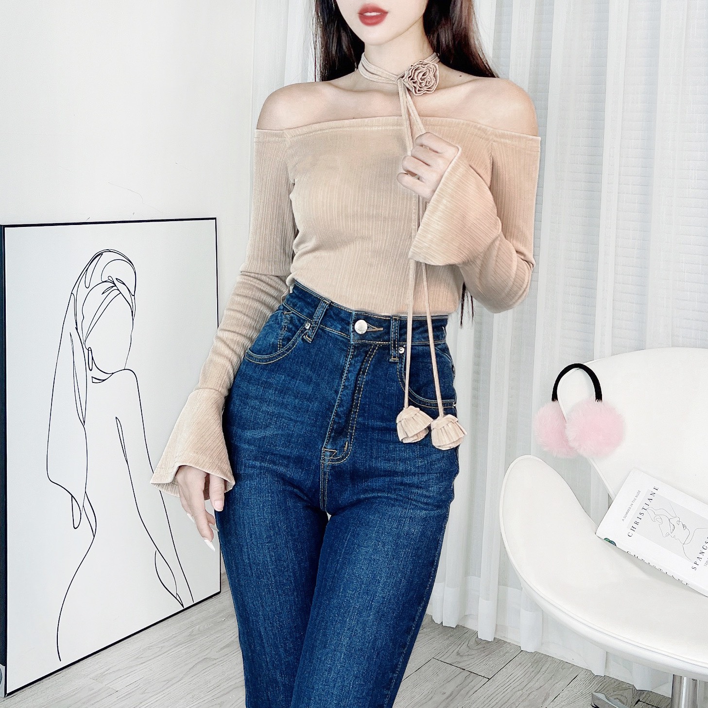 Áo Kiểu Nữ Trễ Vai Phối Chocker Hoa Trơn Thun Hàn Đi Du Lịch Đi Làm MIMIX - DW5