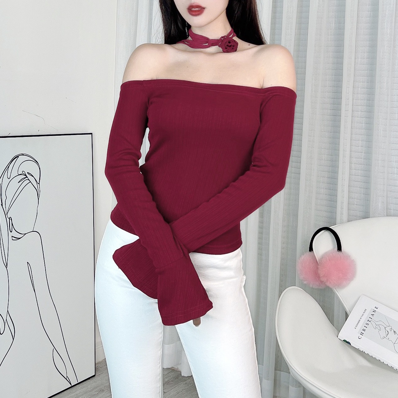 Áo Kiểu Nữ Trễ Vai Phối Chocker Hoa Trơn Thun Hàn Đi Du Lịch Đi Làm MIMIX - DW5