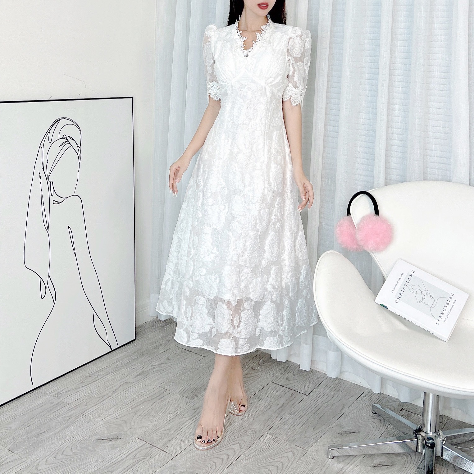 Đầm Midi Tay Ngắn Cổ V Phối Ren Dáng Dài Xòe Chất Tơ Ép Hoa Đi Biển Đi Tiệc MIMIX - DX2