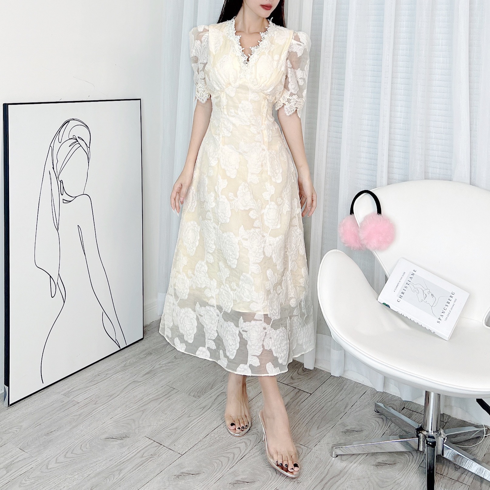 Đầm Midi Tay Ngắn Cổ V Phối Ren Dáng Dài Xòe Chất Tơ Ép Hoa Đi Biển Đi Tiệc MIMIX - DX2