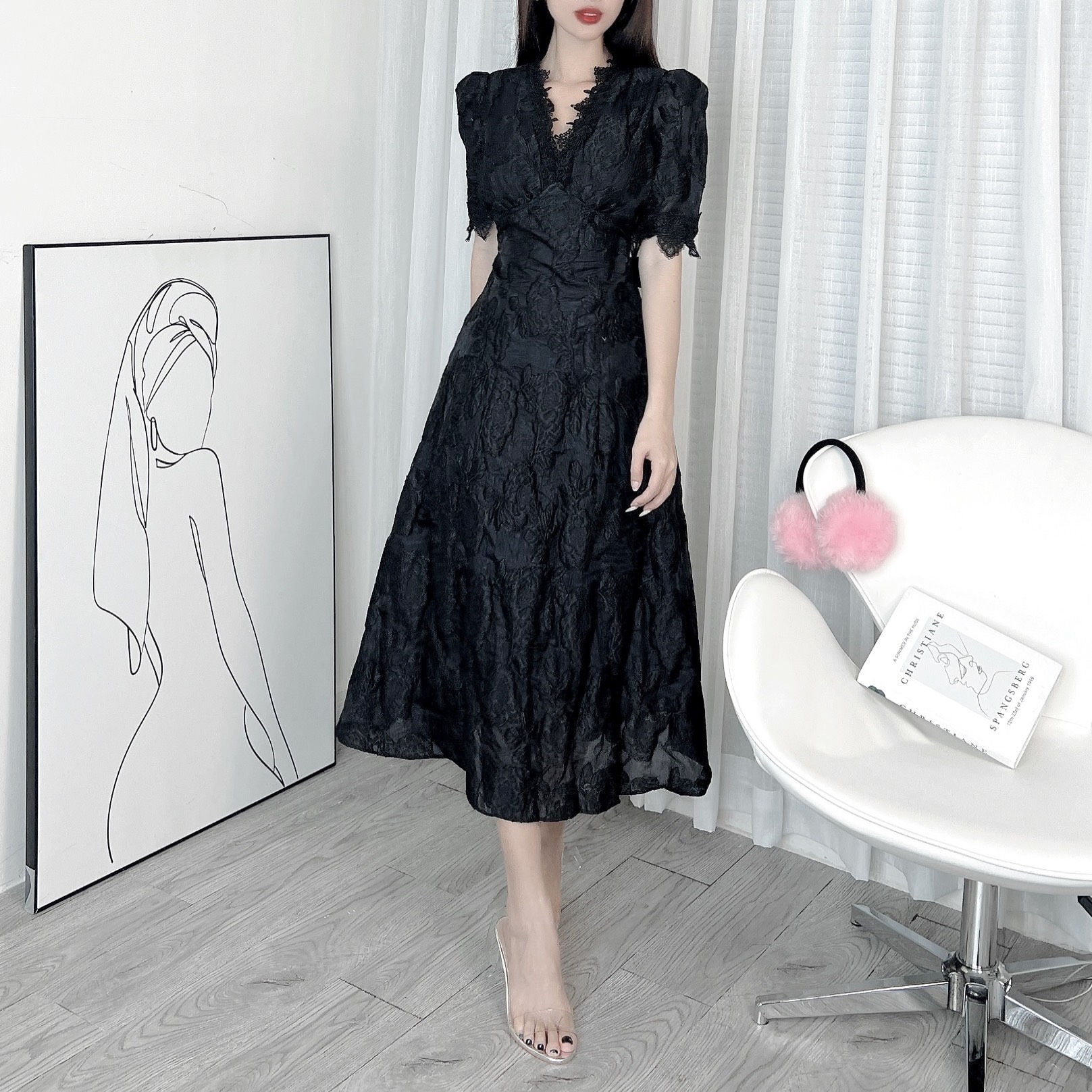 Đầm Midi Tay Ngắn Cổ V Phối Ren Dáng Dài Xòe Chất Tơ Ép Hoa Đi Biển Đi Tiệc MIMIX - DX2