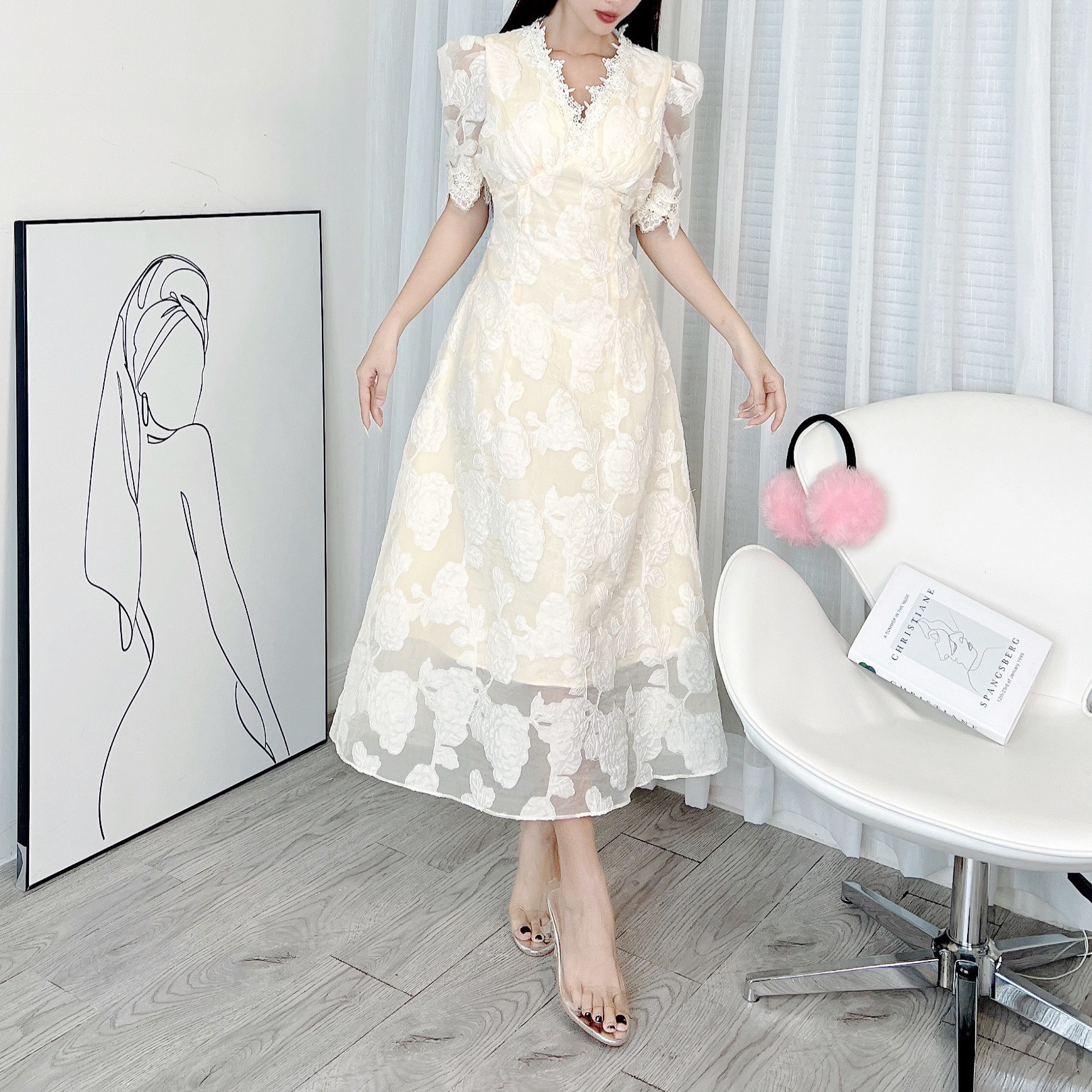 Đầm Midi Tay Ngắn Cổ V Phối Ren Dáng Dài Xòe Chất Tơ Ép Hoa Đi Biển Đi Tiệc MIMIX - DX2