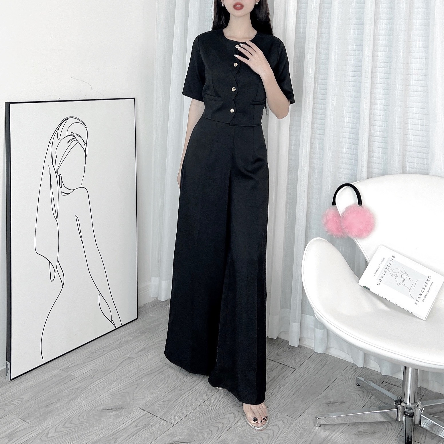 Set Bộ Trơn Nữ Áo Cổ Tròn Tay Ngắn Phối Lượn Sóng Kèm Quần Dài Ống Rộng Chất Chéo Ruby MIMIX - DX0