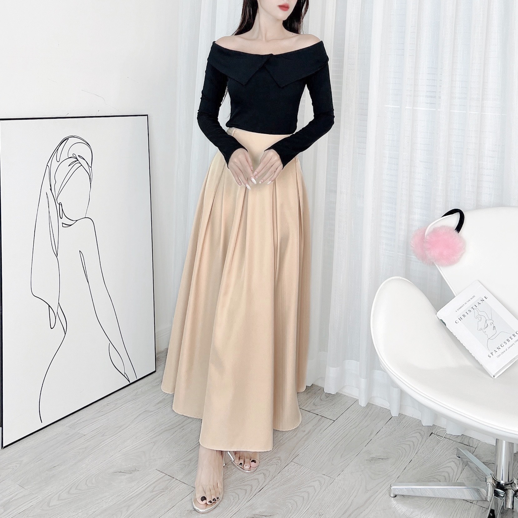 Áo Trơn Kiểu Nữ Trễ Vai Tay Dài Cổ Lật Chất Thun Tăm QC Đi Làm Đi Chơi MIMIX - DX6
