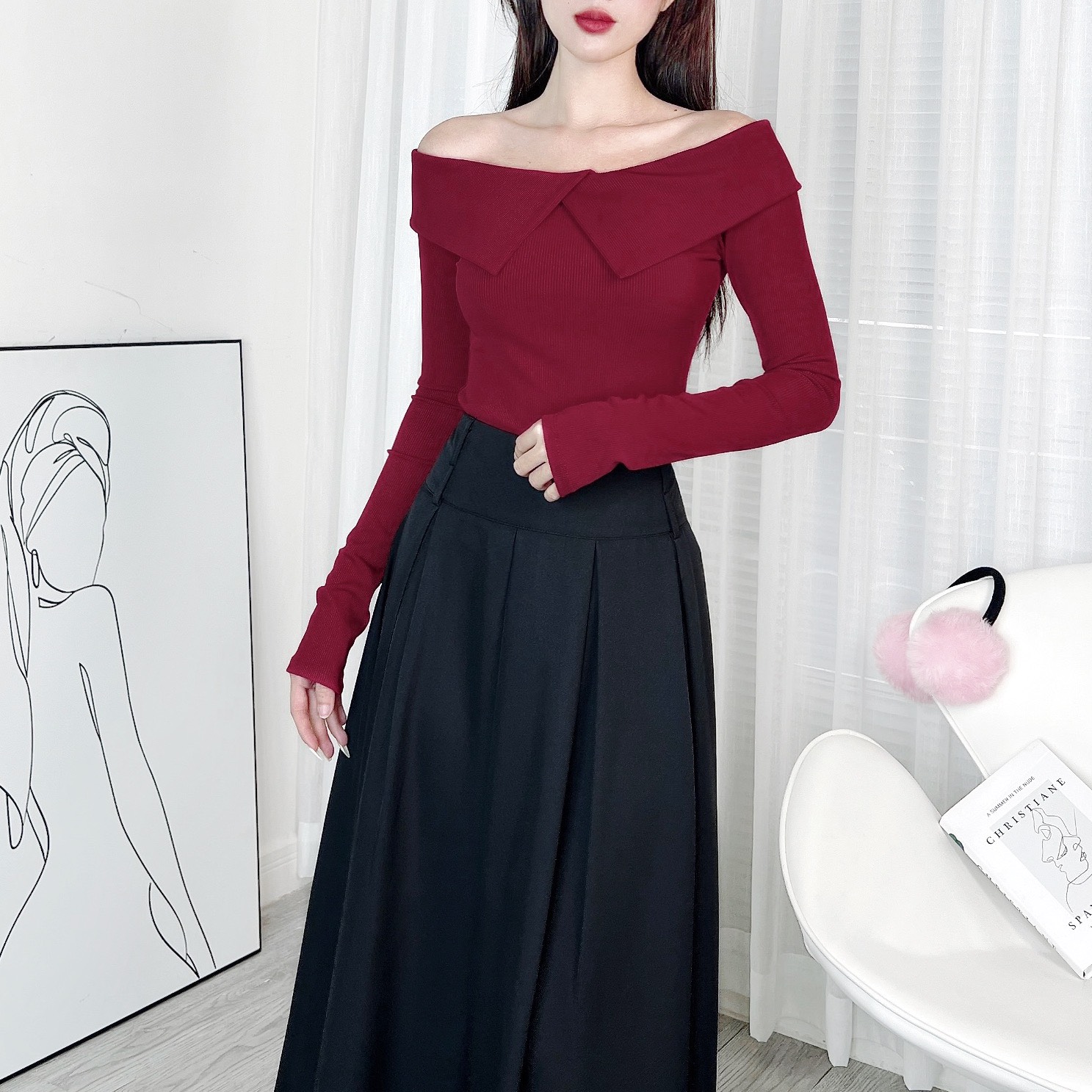 Áo Trơn Kiểu Nữ Trễ Vai Tay Dài Cổ Lật Chất Thun Tăm QC Đi Làm Đi Chơi MIMIX - DX6