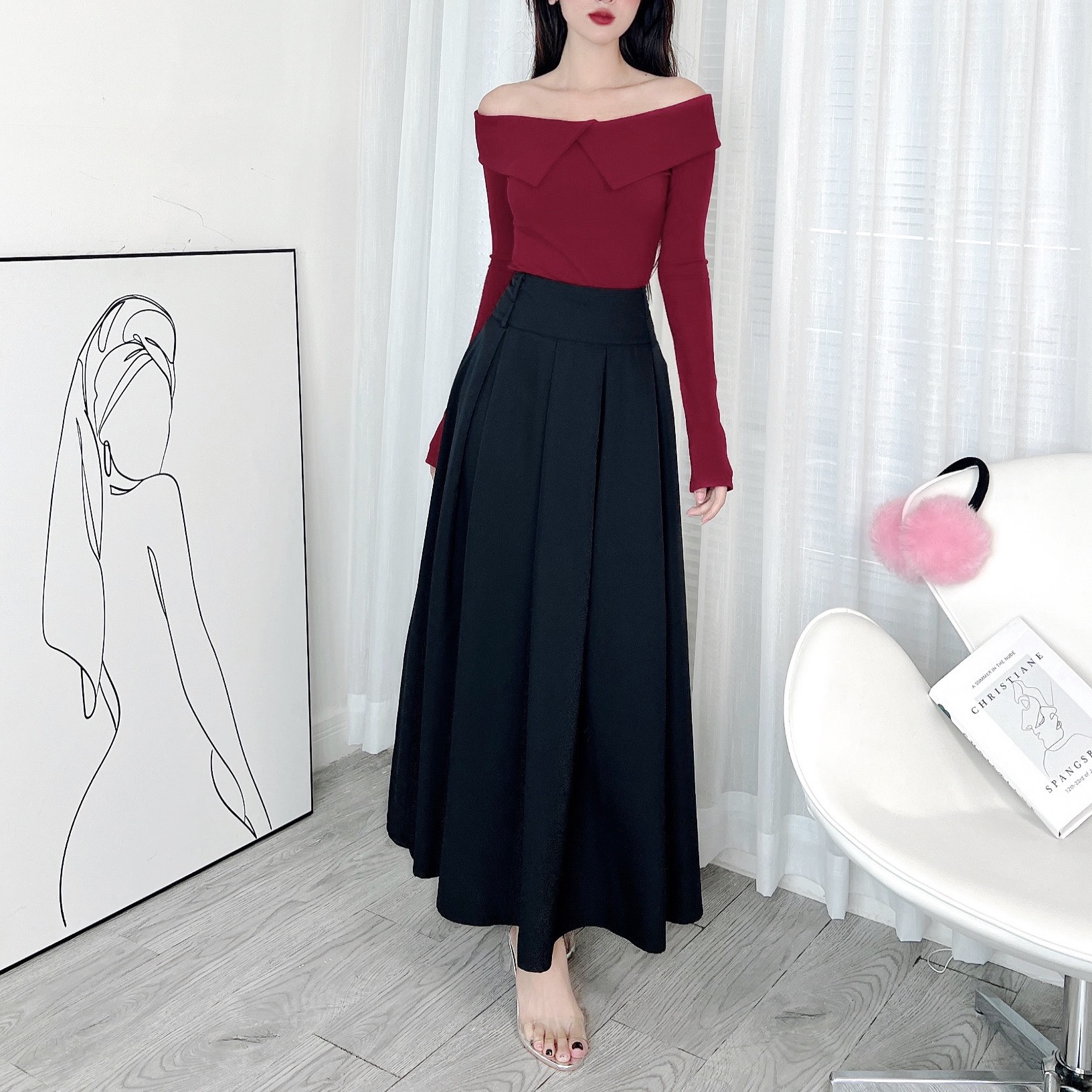 Áo Trơn Kiểu Nữ Trễ Vai Tay Dài Cổ Lật Chất Thun Tăm QC Đi Làm Đi Chơi MIMIX - DX6