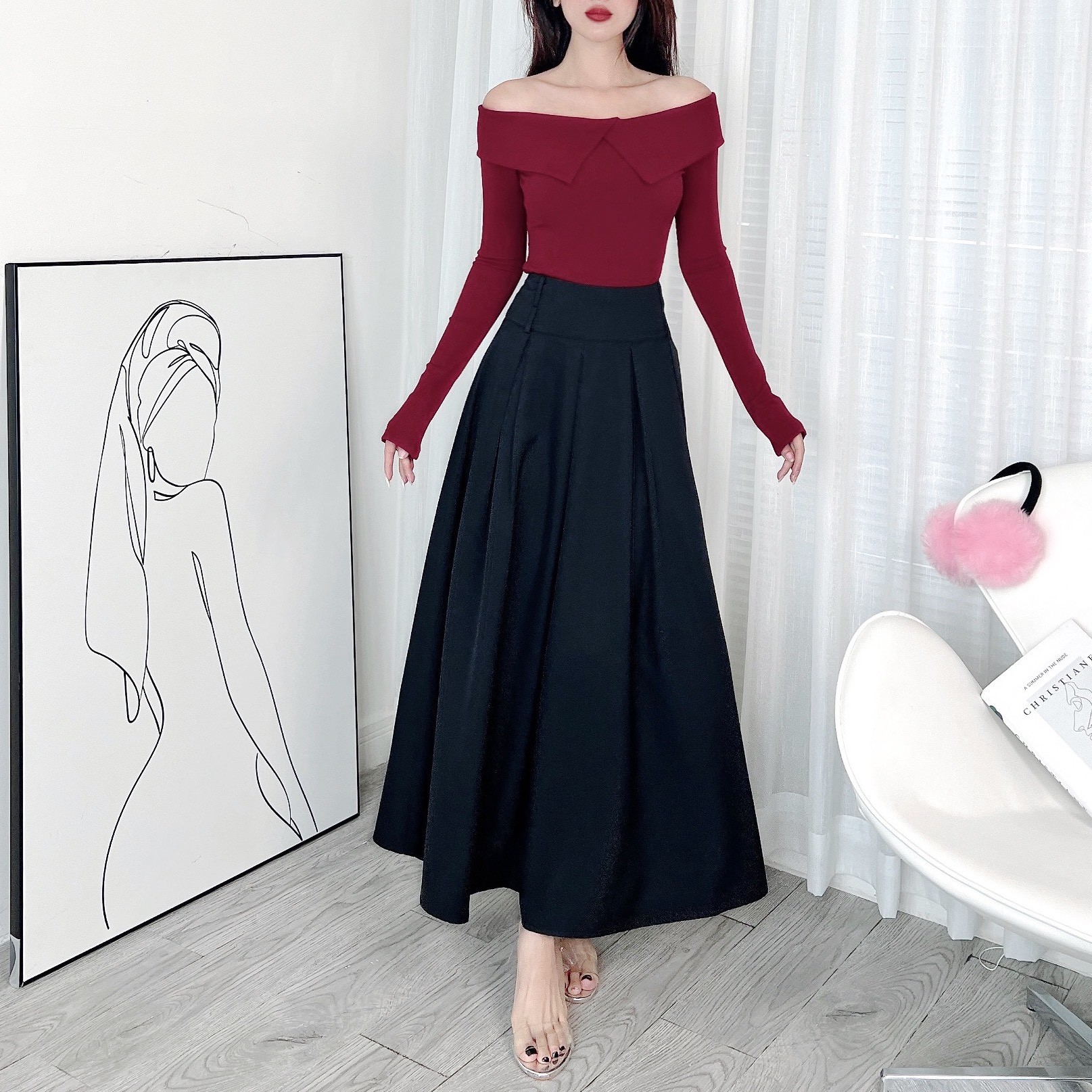 Áo Trơn Kiểu Nữ Trễ Vai Tay Dài Cổ Lật Chất Thun Tăm QC Đi Làm Đi Chơi MIMIX - DX6