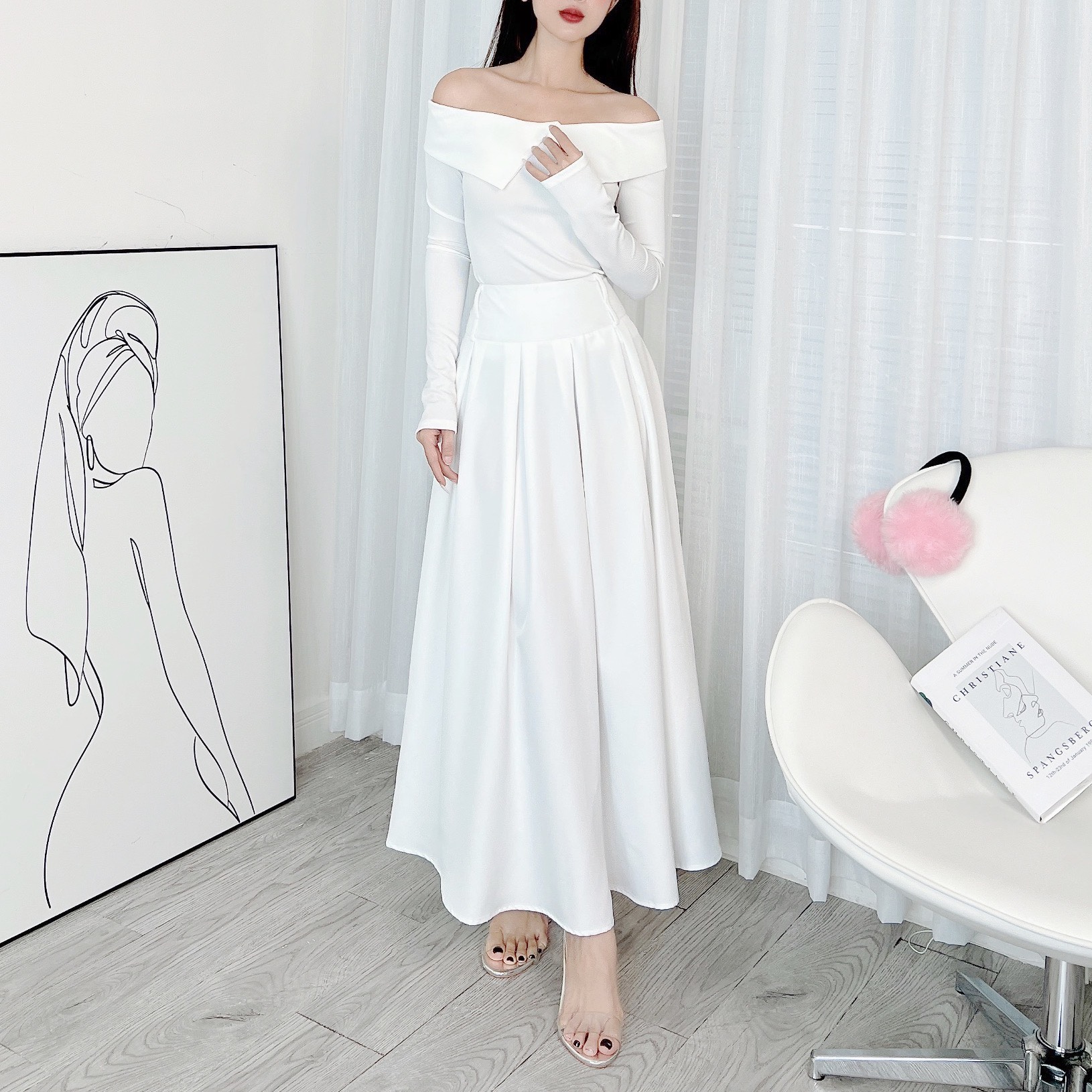 Áo Trơn Kiểu Nữ Trễ Vai Tay Dài Cổ Lật Chất Thun Tăm QC Đi Làm Đi Chơi MIMIX - DX6