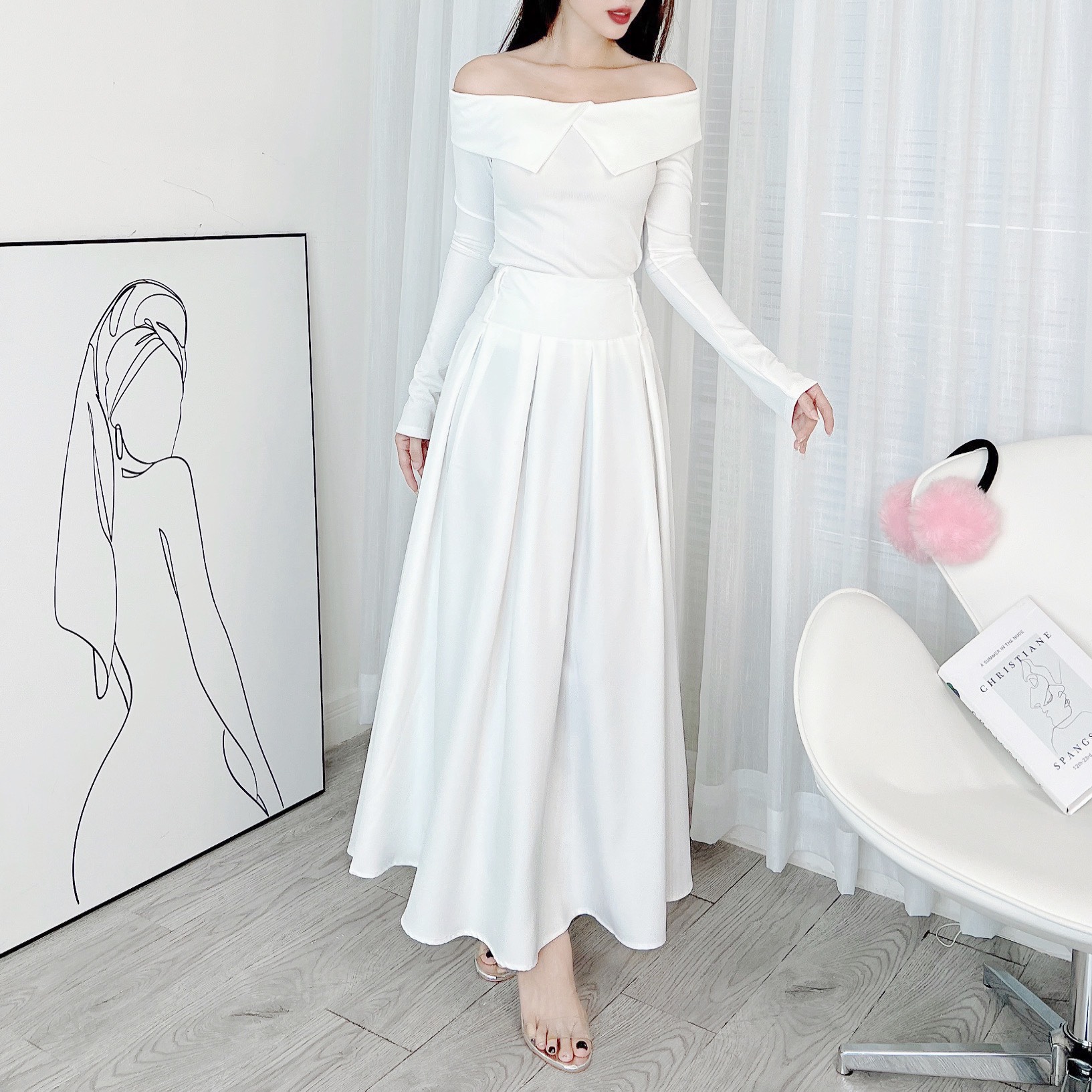 Áo Trơn Kiểu Nữ Trễ Vai Tay Dài Cổ Lật Chất Thun Tăm QC Đi Làm Đi Chơi MIMIX - DX6