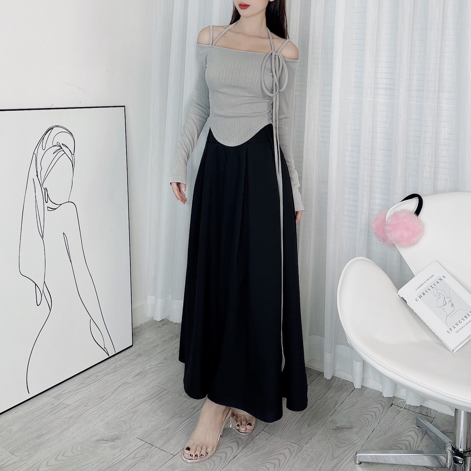 Áo 2 Dây Nữ Tay Dài Trễ Vai Vạt Bầu Chất Thun Vân Tăm Quảng Châu Đi Làm Đi Tiệc Mimix - DX4