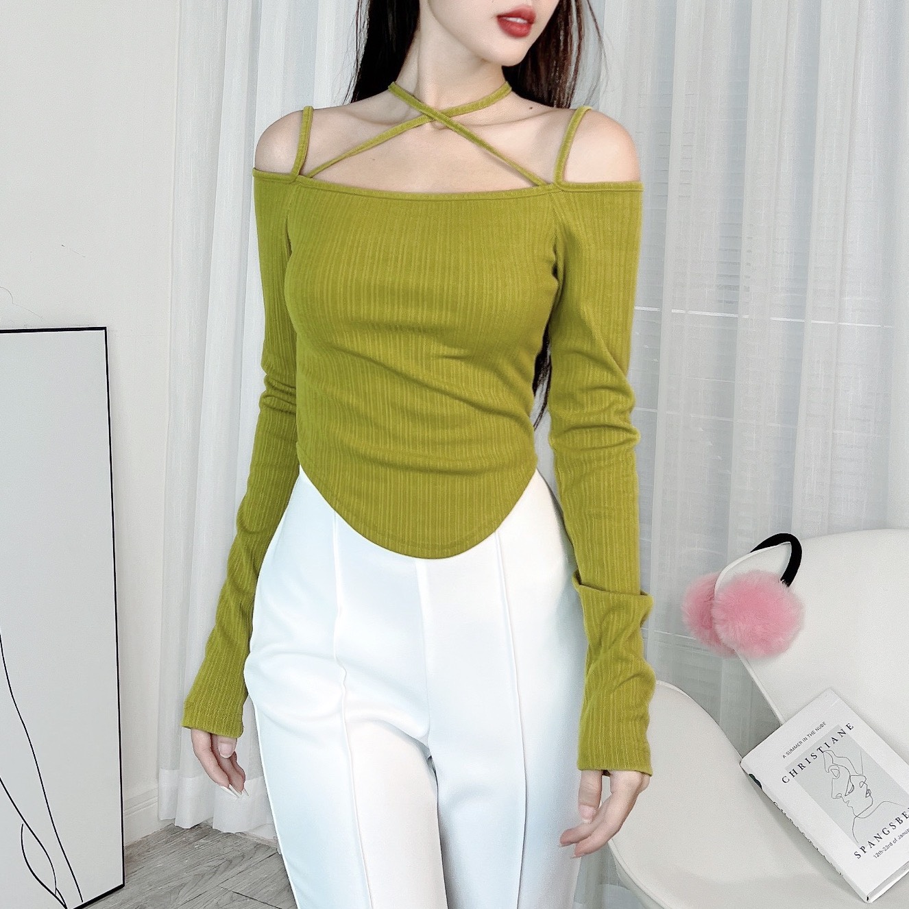 Áo 2 Dây Nữ Tay Dài Trễ Vai Vạt Bầu Chất Thun Vân Tăm Quảng Châu Đi Làm Đi Tiệc Mimix - DX4