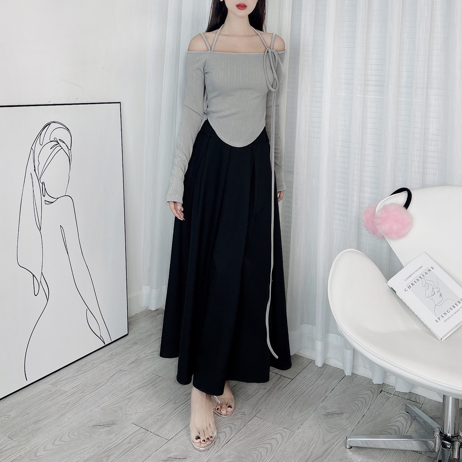Áo 2 Dây Nữ Tay Dài Trễ Vai Vạt Bầu Chất Thun Vân Tăm Quảng Châu Đi Làm Đi Tiệc Mimix - DX4