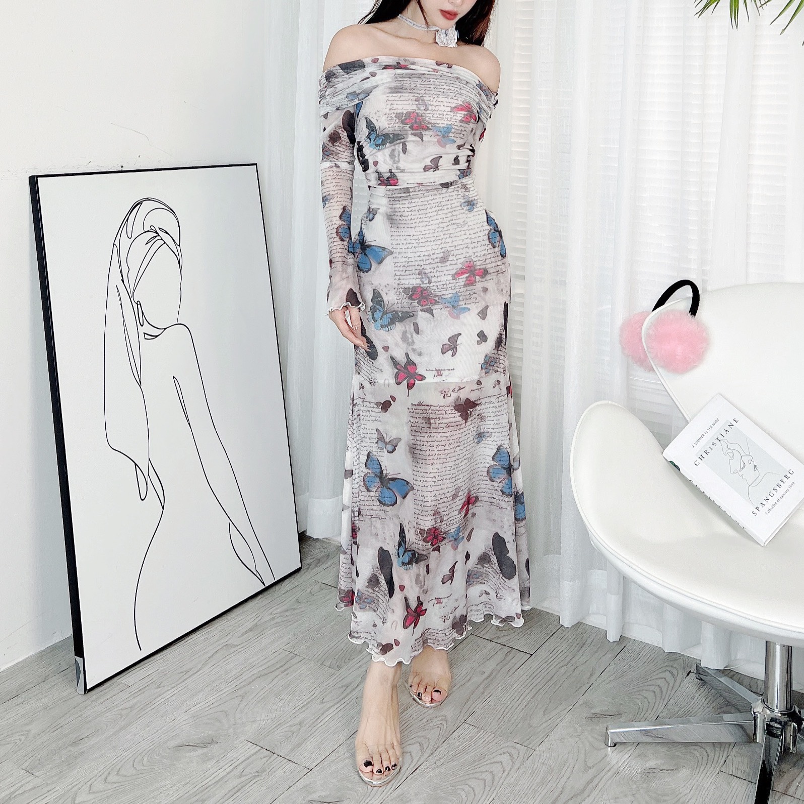 Đầm Body Tay Dài Trễ Vai Dáng Dài Chất Thun Lưới In Hoa QC Đi Tiệc Đi Du Lịch MIMIX - DZ6