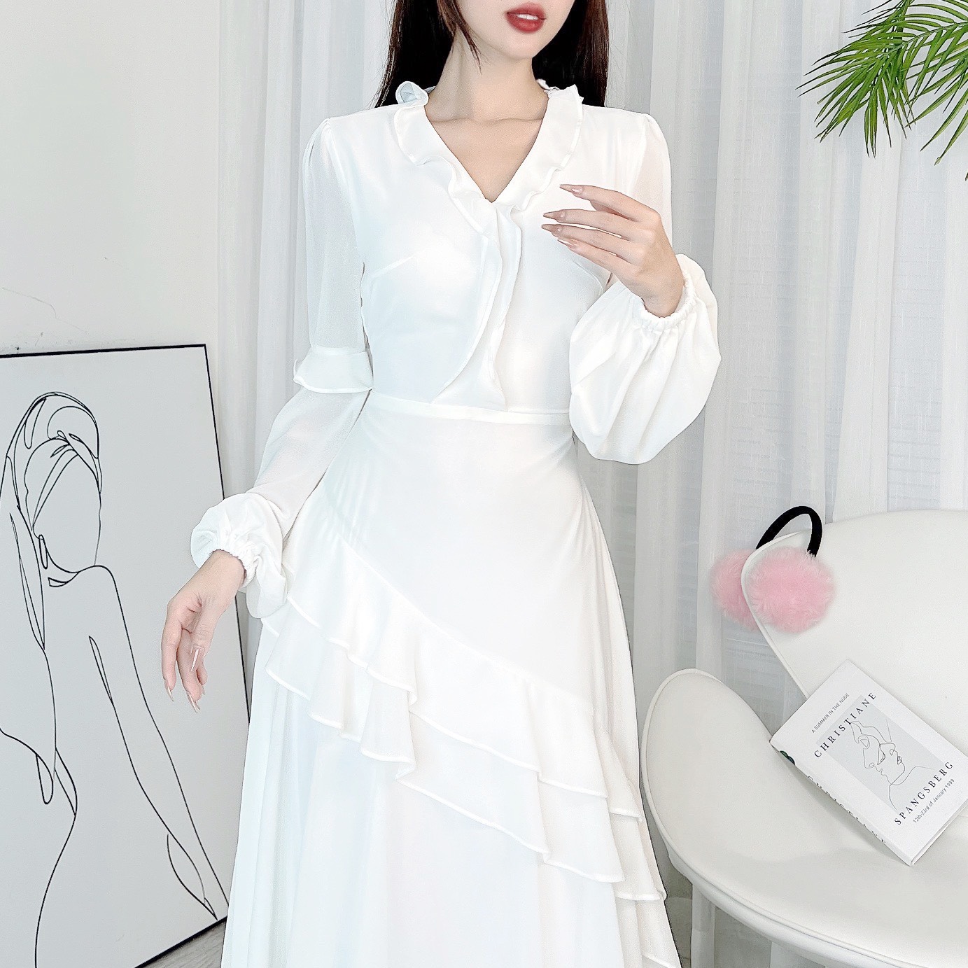 Đầm Maxi Trơn Nữ Cổ V Phối Viền Bèo Tay Dài Chất Voan Hàn Đi Biển MIMIX - DY2