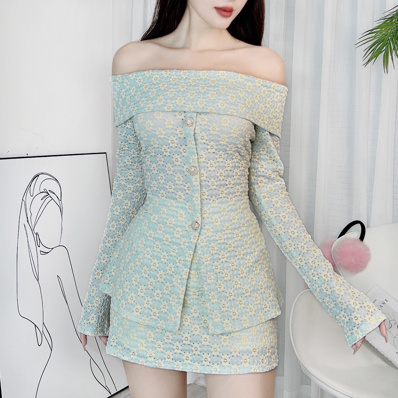 Set Bộ Nữ ÁoTrễ Vai Tay Dài Thêu Hoa Kèm Chân Váy Nữ Ngắn Đi Du Lịch MIMIX - DY7