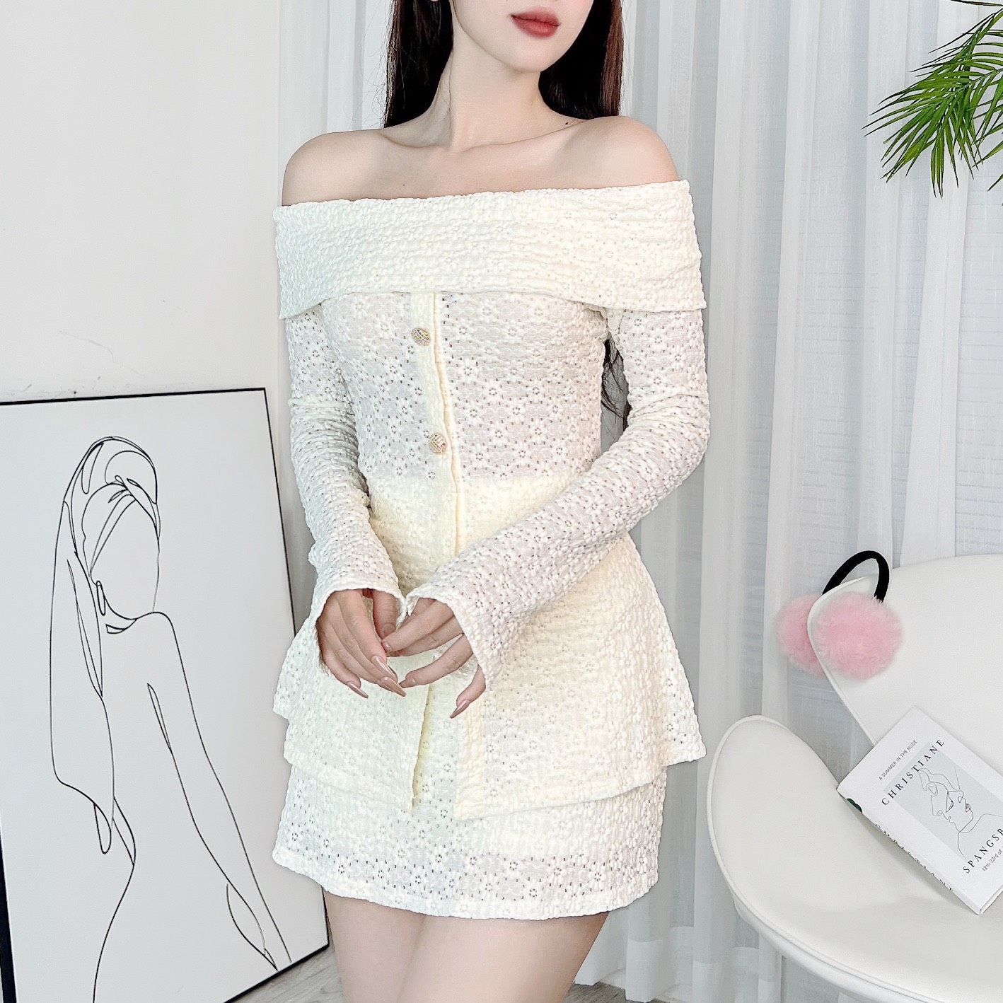 Set Bộ Nữ ÁoTrễ Vai Tay Dài Thêu Hoa Kèm Chân Váy Nữ Ngắn Đi Du Lịch MIMIX - DY7