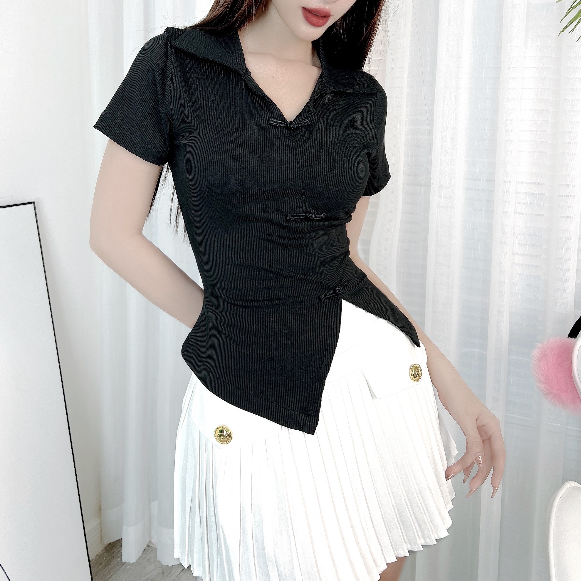 Áo Kiểu Nữ Phối Cổ Sơ Mi Phối Nút Tàu Vạt Xẻ Chất Thun Tăm QC Đi Dạo Phố MIMIX - DY3