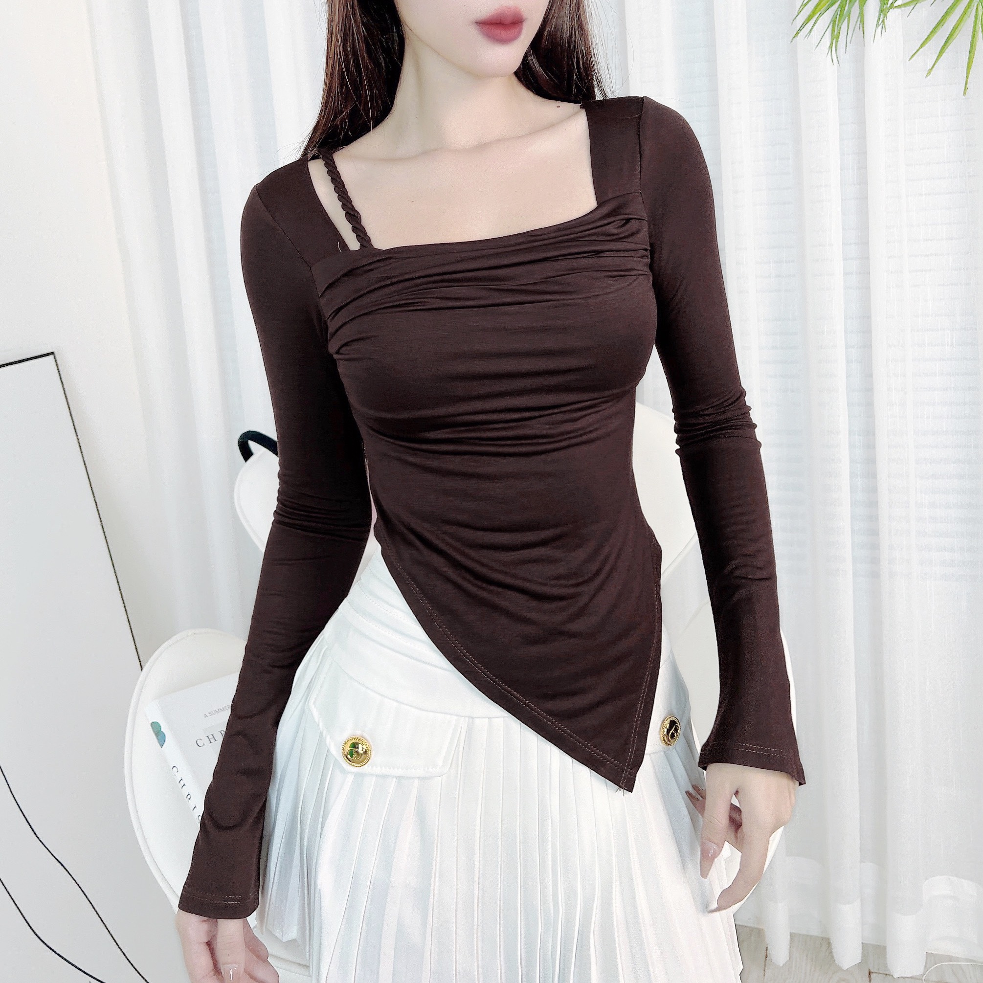  Áo Kiểu Nữ Trơn Tay Dài Vạt Nhọn Phối Dây Bính Vai Đi Du Lịch MIMIX - DZ5