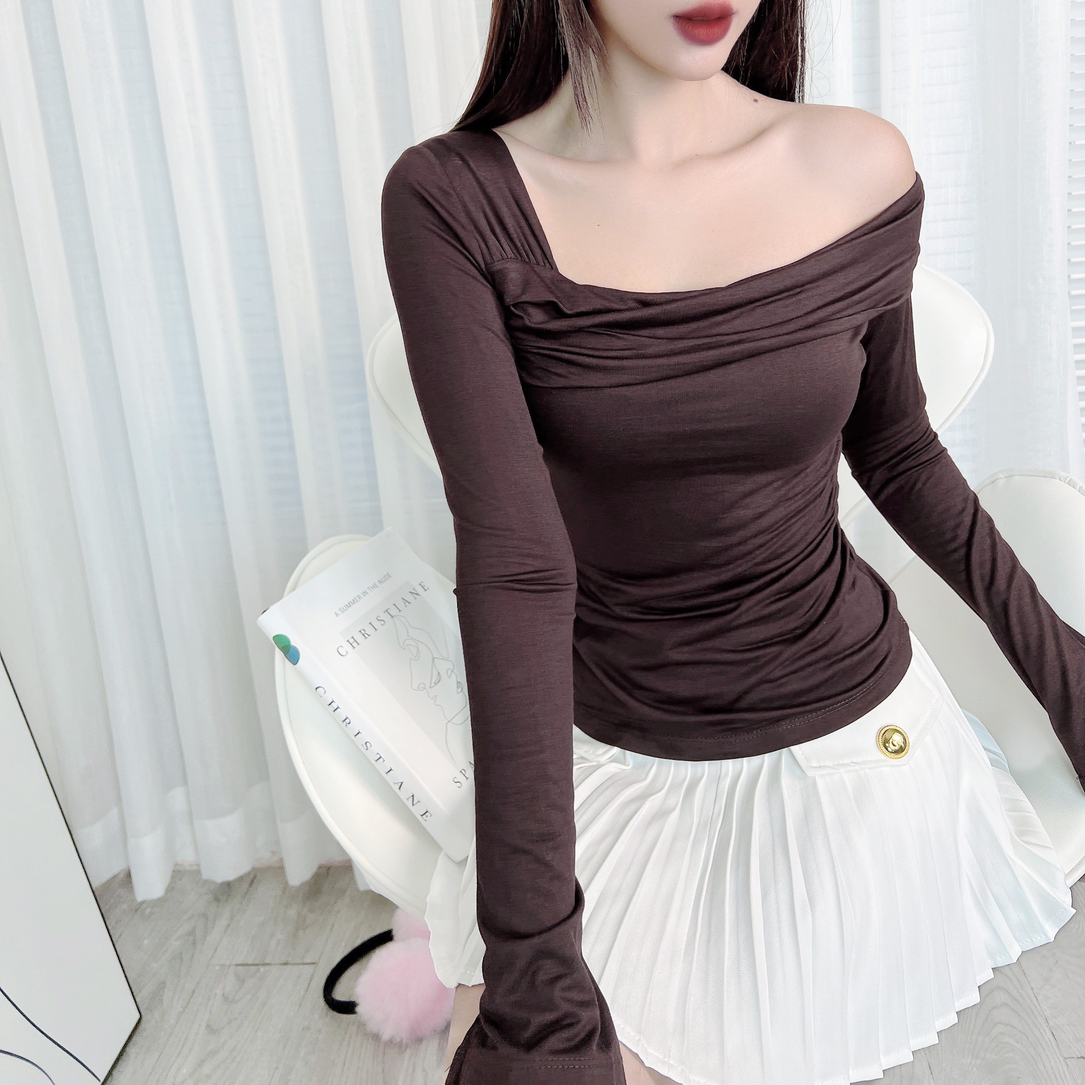 Áo Kiểu Nữ Trơn Tay Dài Lệch Vai Chất Thun Dẻo Đi Du Lịch MIMIX - DZ4
