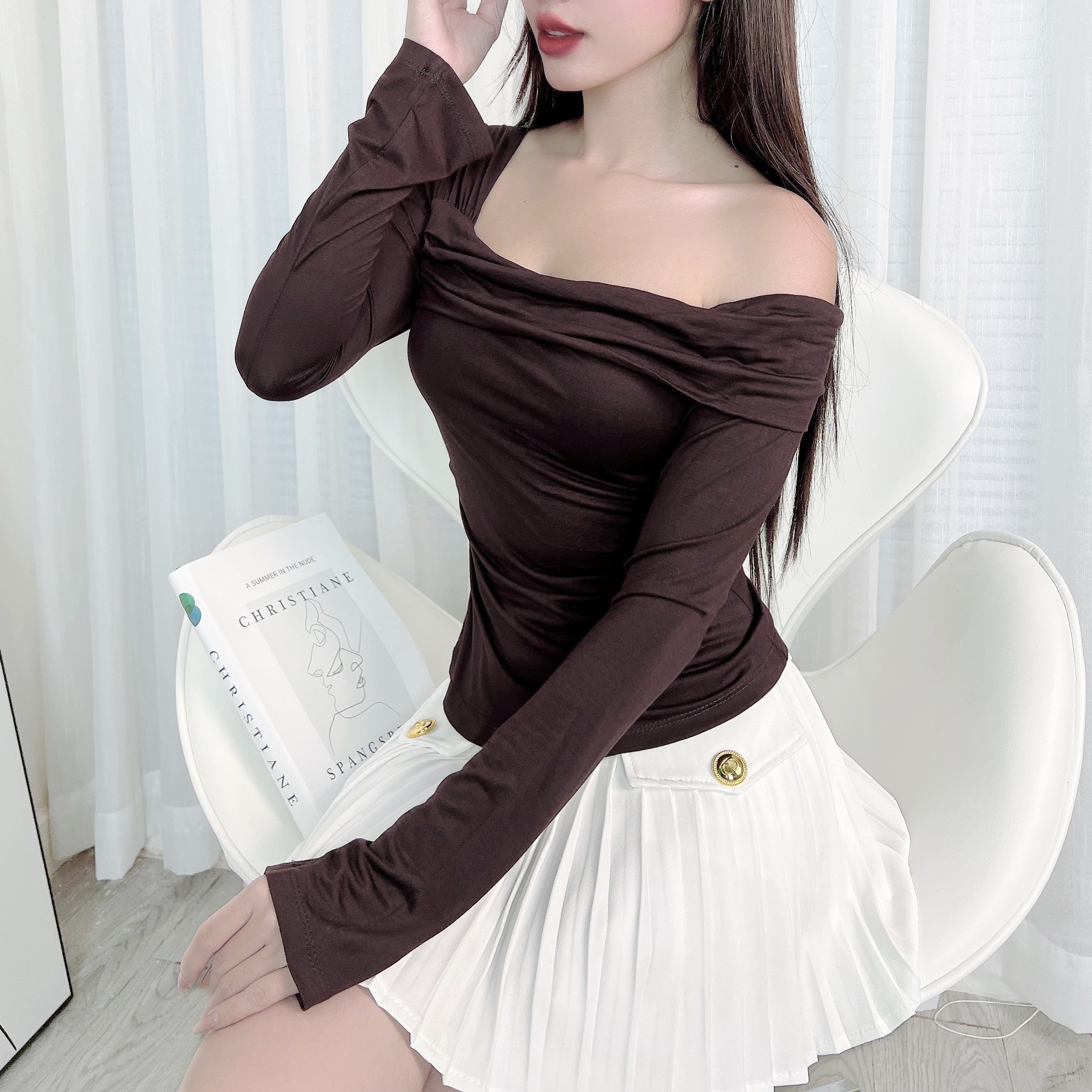Áo Kiểu Nữ Trơn Tay Dài Lệch Vai Chất Thun Dẻo Đi Du Lịch MIMIX - DZ4