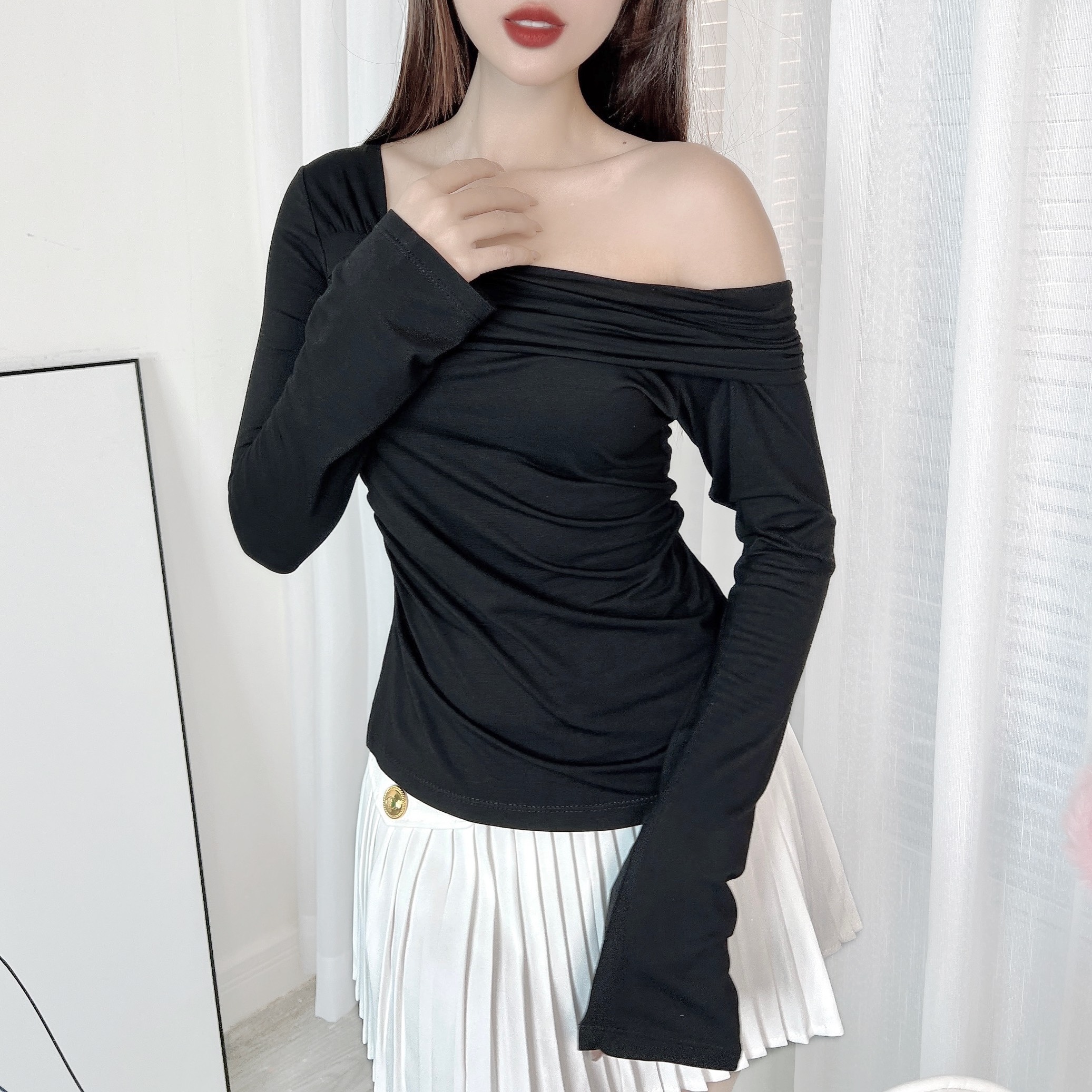 Áo Kiểu Nữ Trơn Tay Dài Lệch Vai Chất Thun Dẻo Đi Du Lịch MIMIX - DZ4