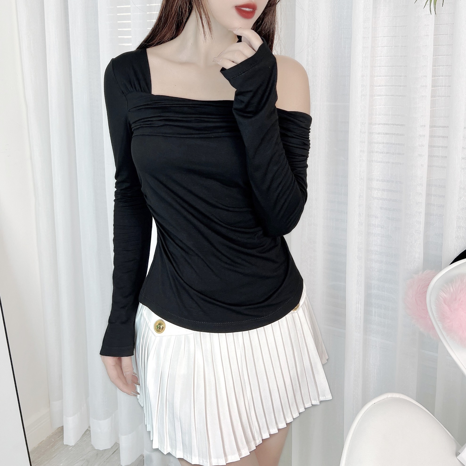 Áo Kiểu Nữ Trơn Tay Dài Lệch Vai Chất Thun Dẻo Đi Du Lịch MIMIX - DZ4
