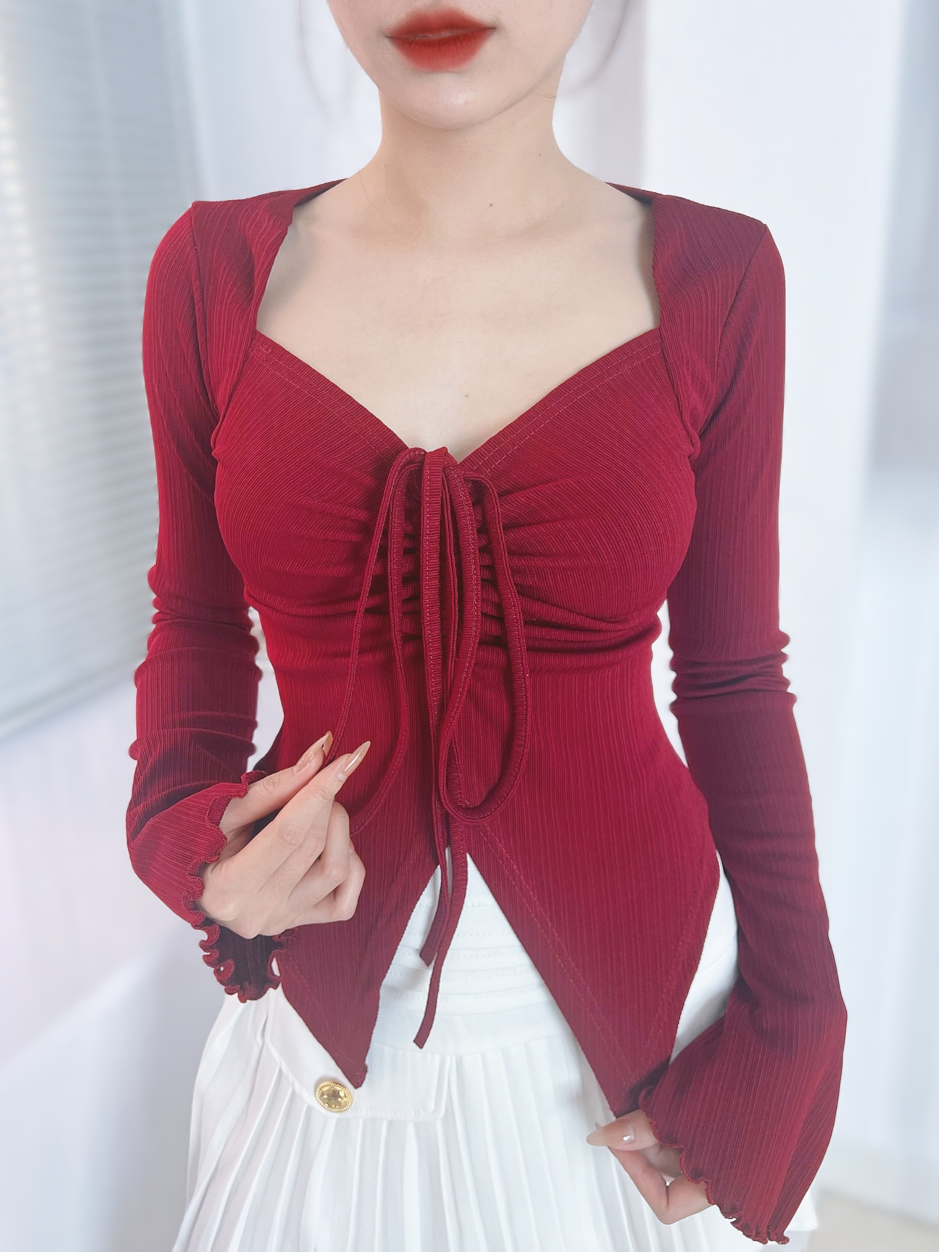 Áo Kiểu Nữ Vạt Xẻ Tay Dài Rút Dây Chất Thun Tăm QC Đi Làm Đi Chơi MIMIX - DZ7