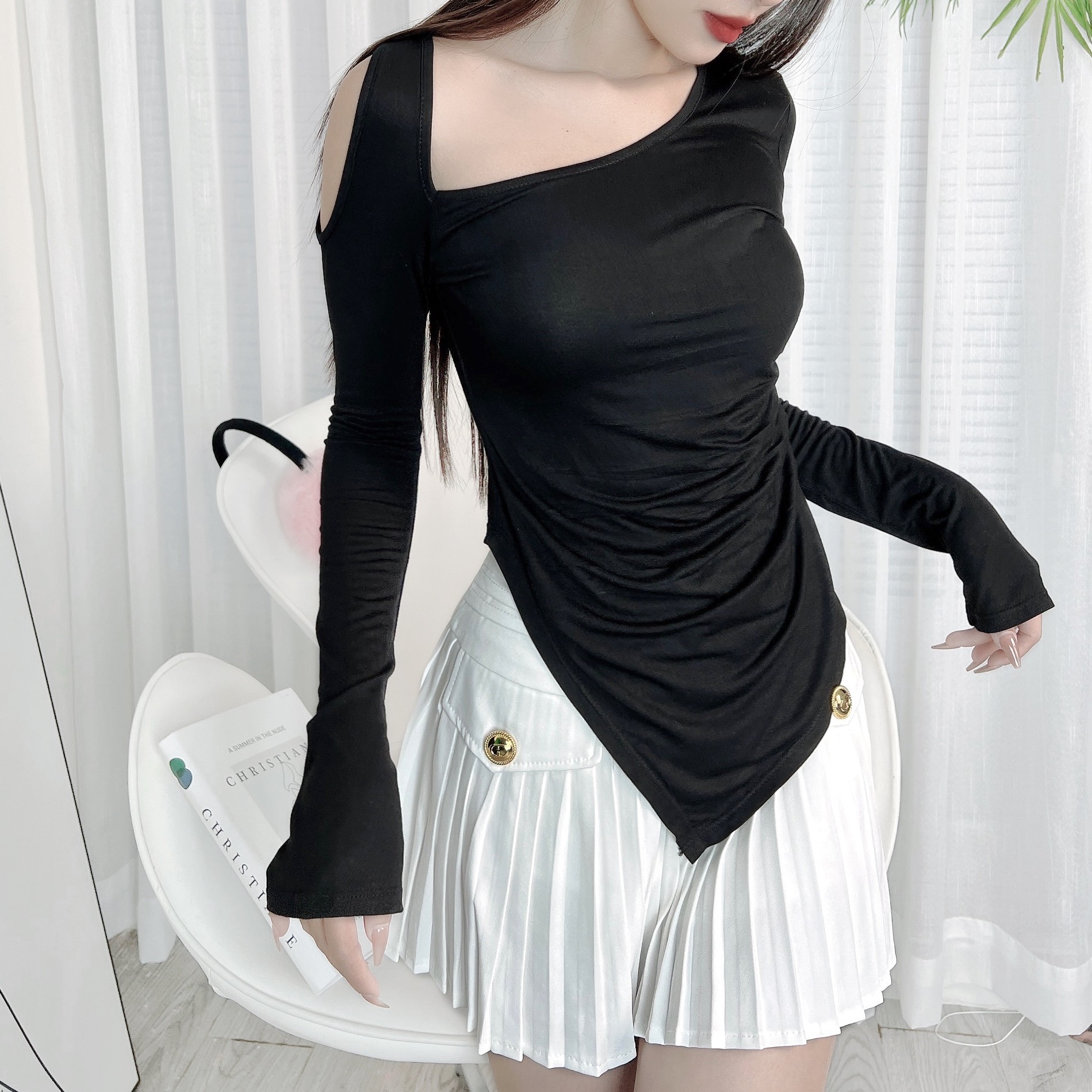 Áo Kiểu Nữ Trơn Tay Dài Vạt Nhọn Phối Dây Bính Vai Chất Thun Dẻo Đi Du Lịch MIMIX - DZ3