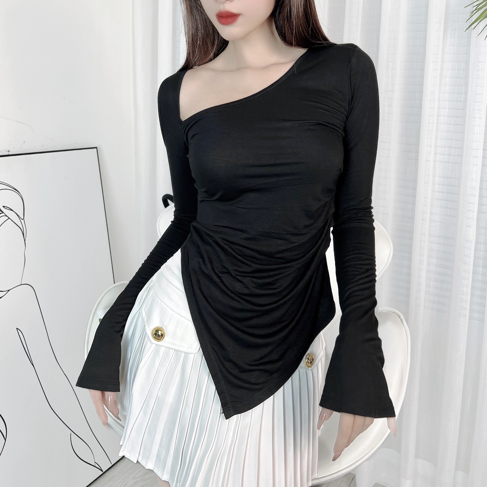 Áo Kiểu Nữ Trơn Tay Dài Vạt Nhọn Phối Dây Bính Vai Chất Thun Dẻo Đi Du Lịch MIMIX - DZ3