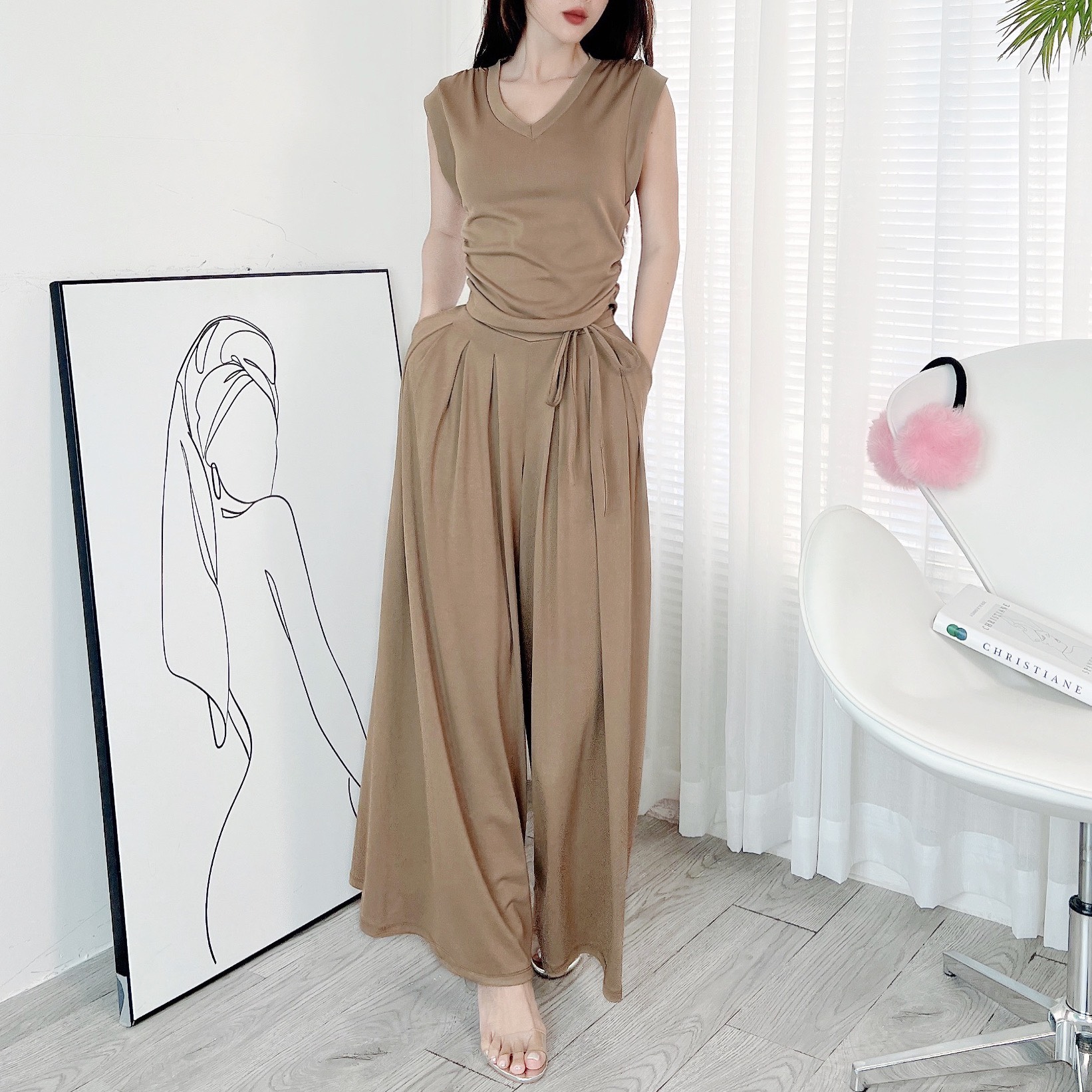 Set Bộ Nữ Áo Sát Nách Nhún Eo Mix Quần Dài Ống Rộng Chất Thun Vân Mịn Đi Du Lịch MIMIX - DR9