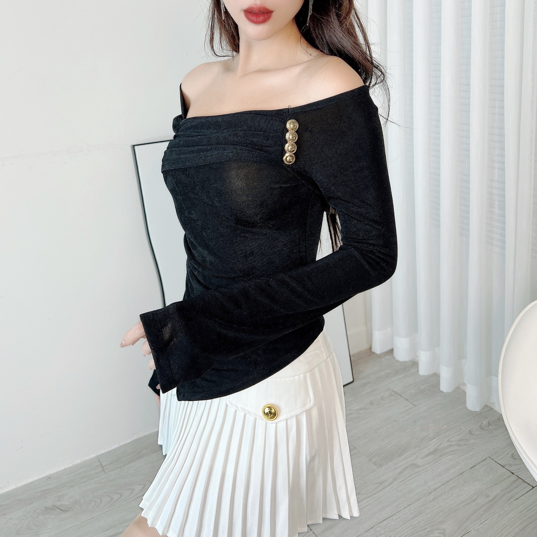 Áo Kiểu Nữ Trơn Tay Dài Tà Nhọn Trễ Vai Phối Nhún Chất Thun Nhũ Đi Làm Đi Chơi MIMIX - EA2
