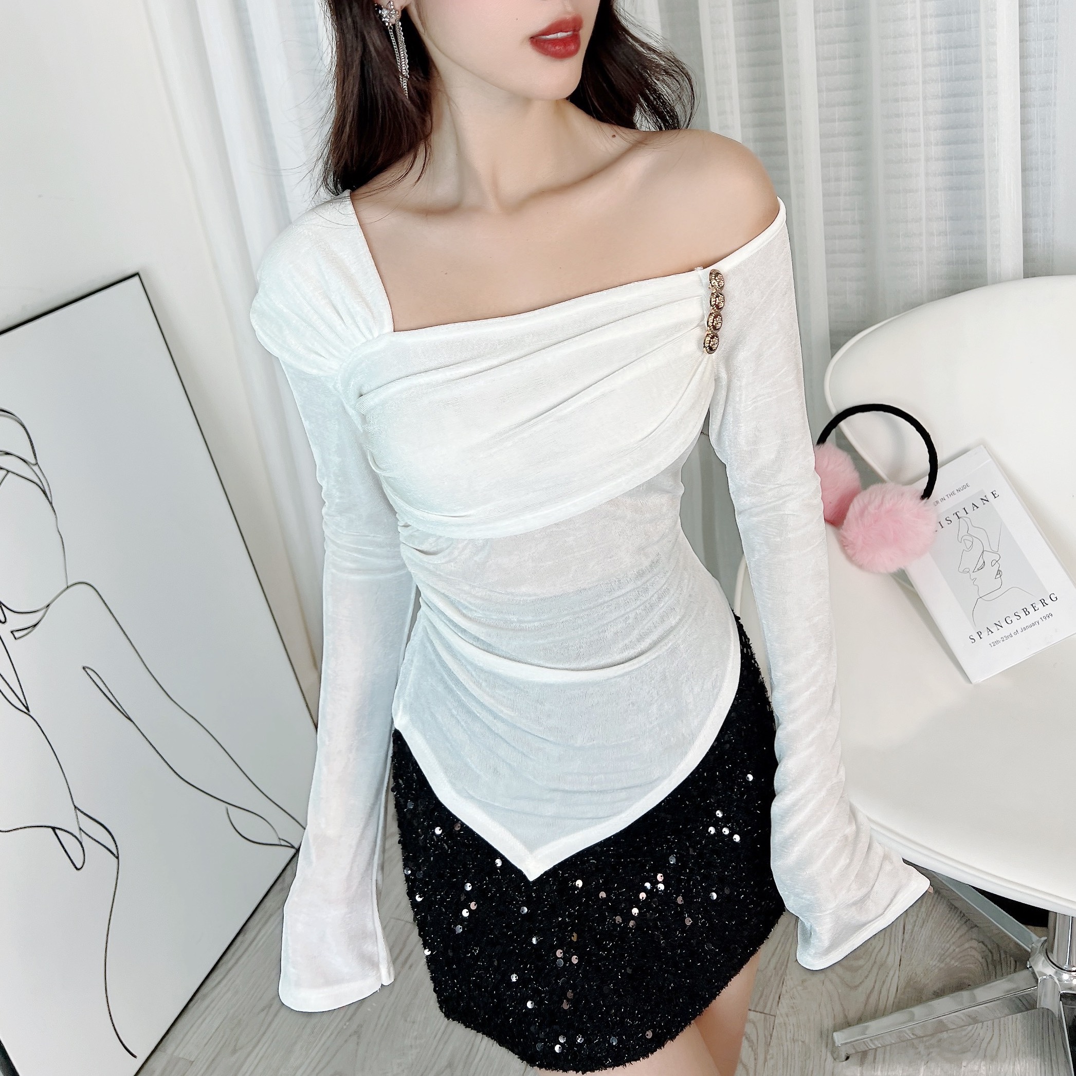 Áo Kiểu Nữ Trơn Tay Dài Tà Nhọn Trễ Vai Phối Nhún Chất Thun Nhũ Đi Làm Đi Chơi MIMIX - EA2