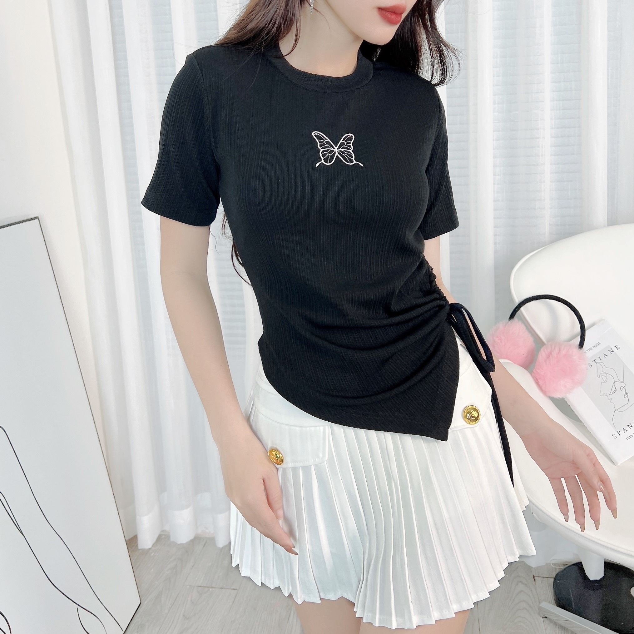  Áo Kiểu Nữ Cổ Tròn Phối Thêu Tay Ngắn Rút Chất Thun Tăm QC Đi Du Lịch MIMIX - EA3
