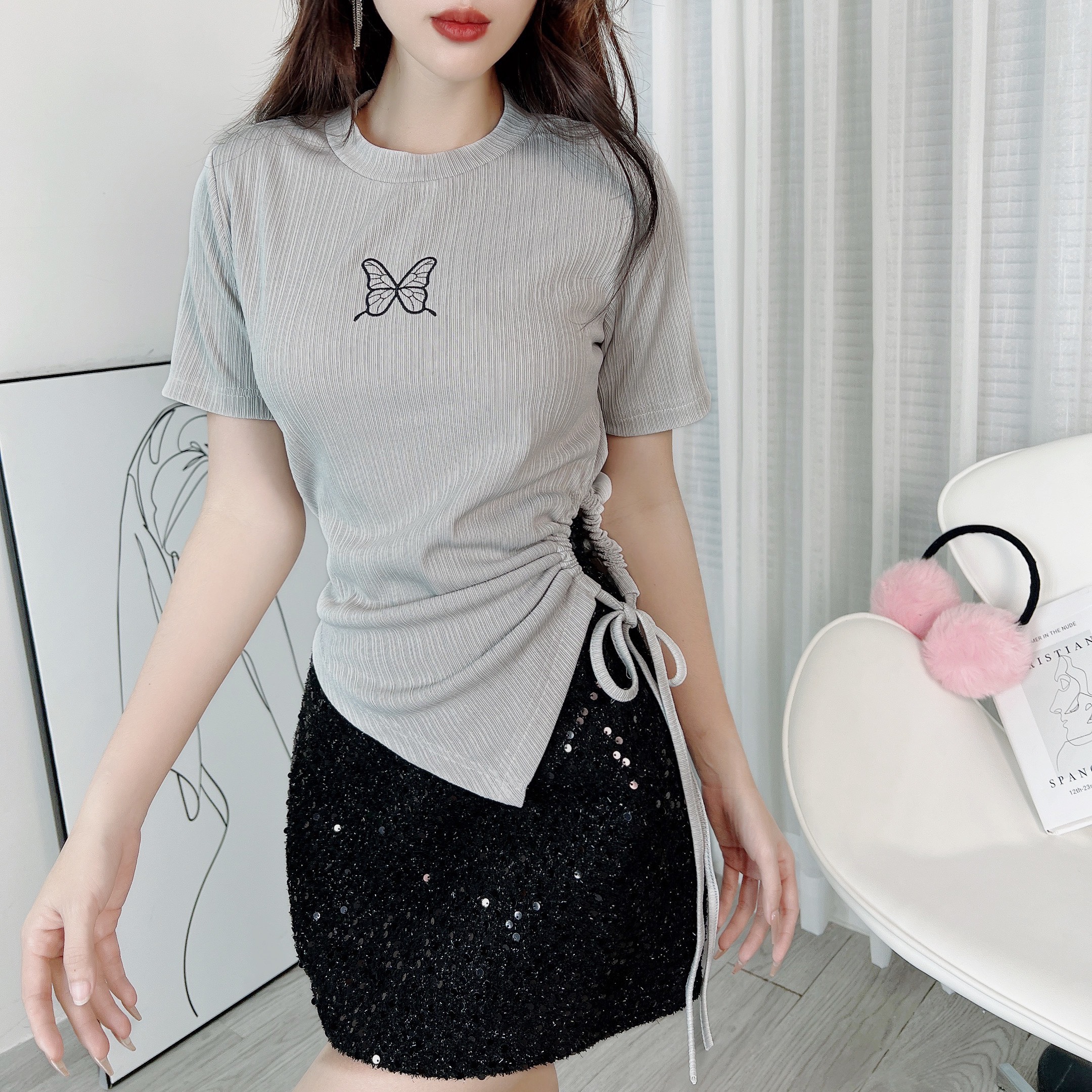  Áo Kiểu Nữ Cổ Tròn Phối Thêu Tay Ngắn Rút Chất Thun Tăm QC Đi Du Lịch MIMIX - EA3
