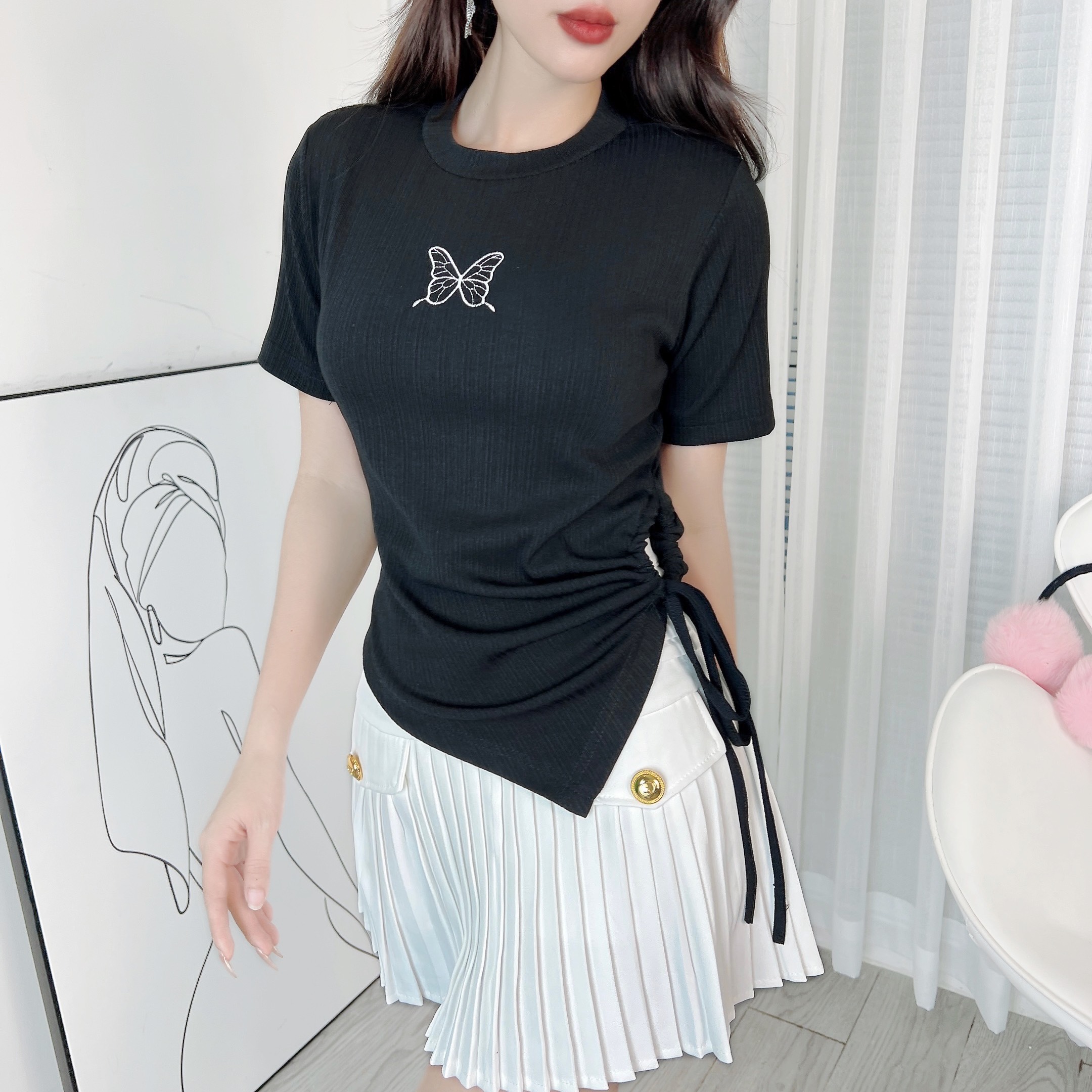  Áo Kiểu Nữ Cổ Tròn Phối Thêu Tay Ngắn Rút Chất Thun Tăm QC Đi Du Lịch MIMIX - EA3