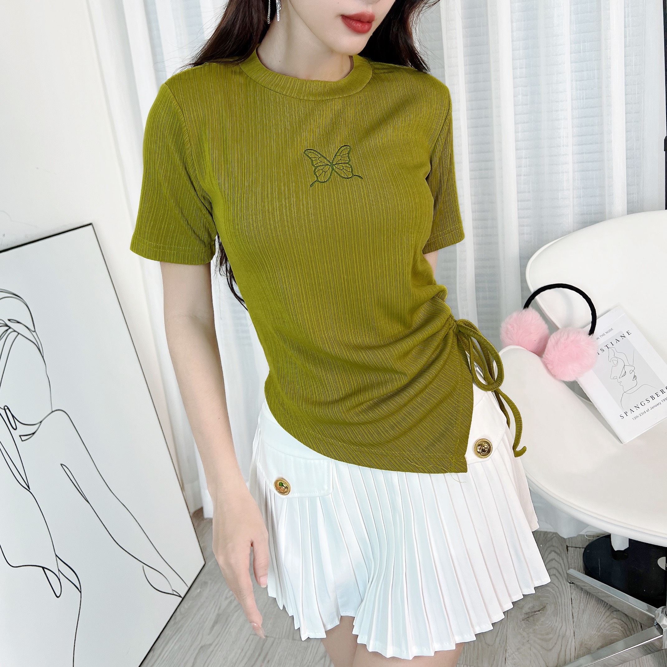  Áo Kiểu Nữ Cổ Tròn Phối Thêu Tay Ngắn Rút Chất Thun Tăm QC Đi Du Lịch MIMIX - EA3