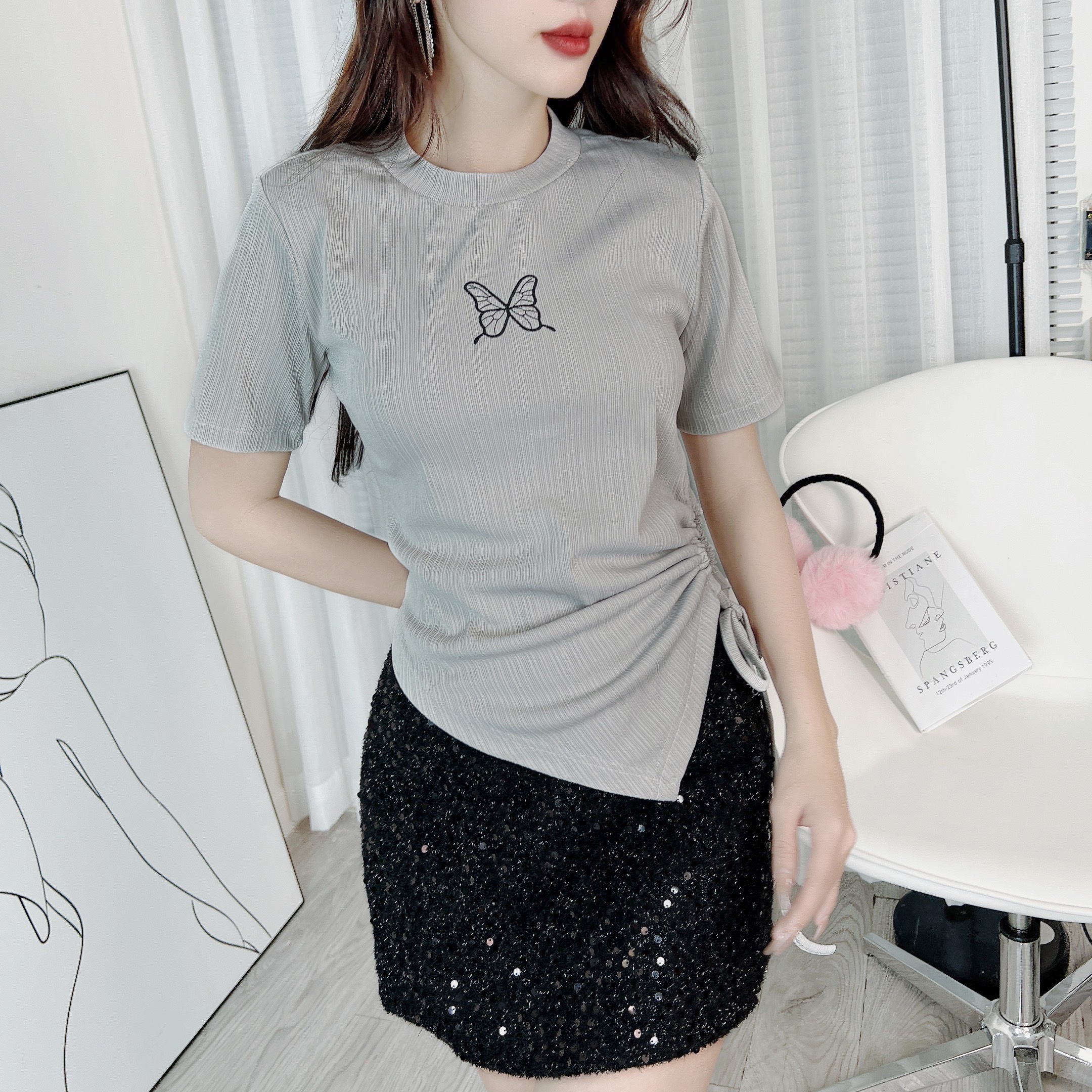  Áo Kiểu Nữ Cổ Tròn Phối Thêu Tay Ngắn Rút Chất Thun Tăm QC Đi Du Lịch MIMIX - EA3