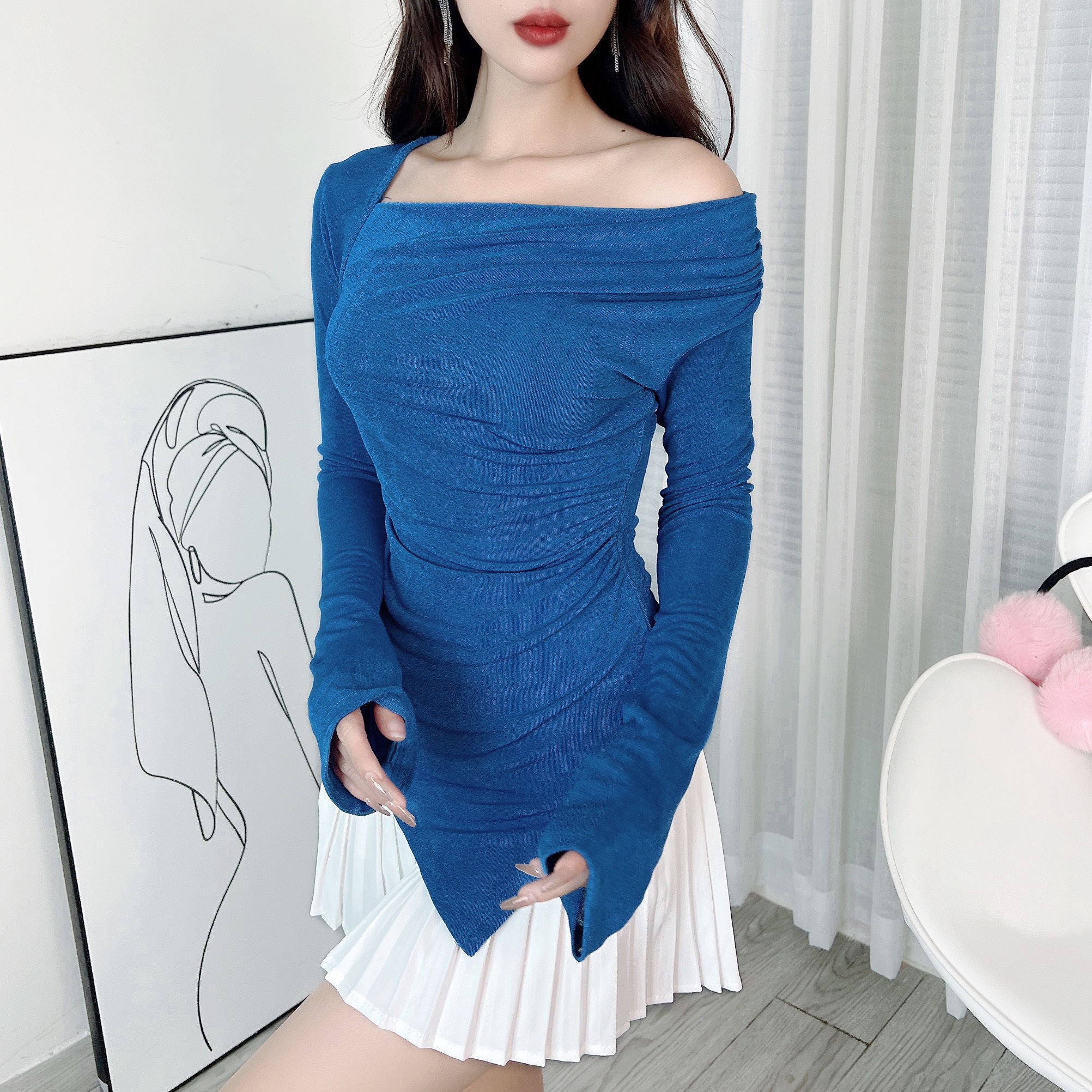 Áo Kiểu Nữ Trơn Tay Dài Tà Nhọn Phối Cổ Đổ Chất Thun Ánh Nhũ Đi Làm Đi Chơi MIMIX - EA1