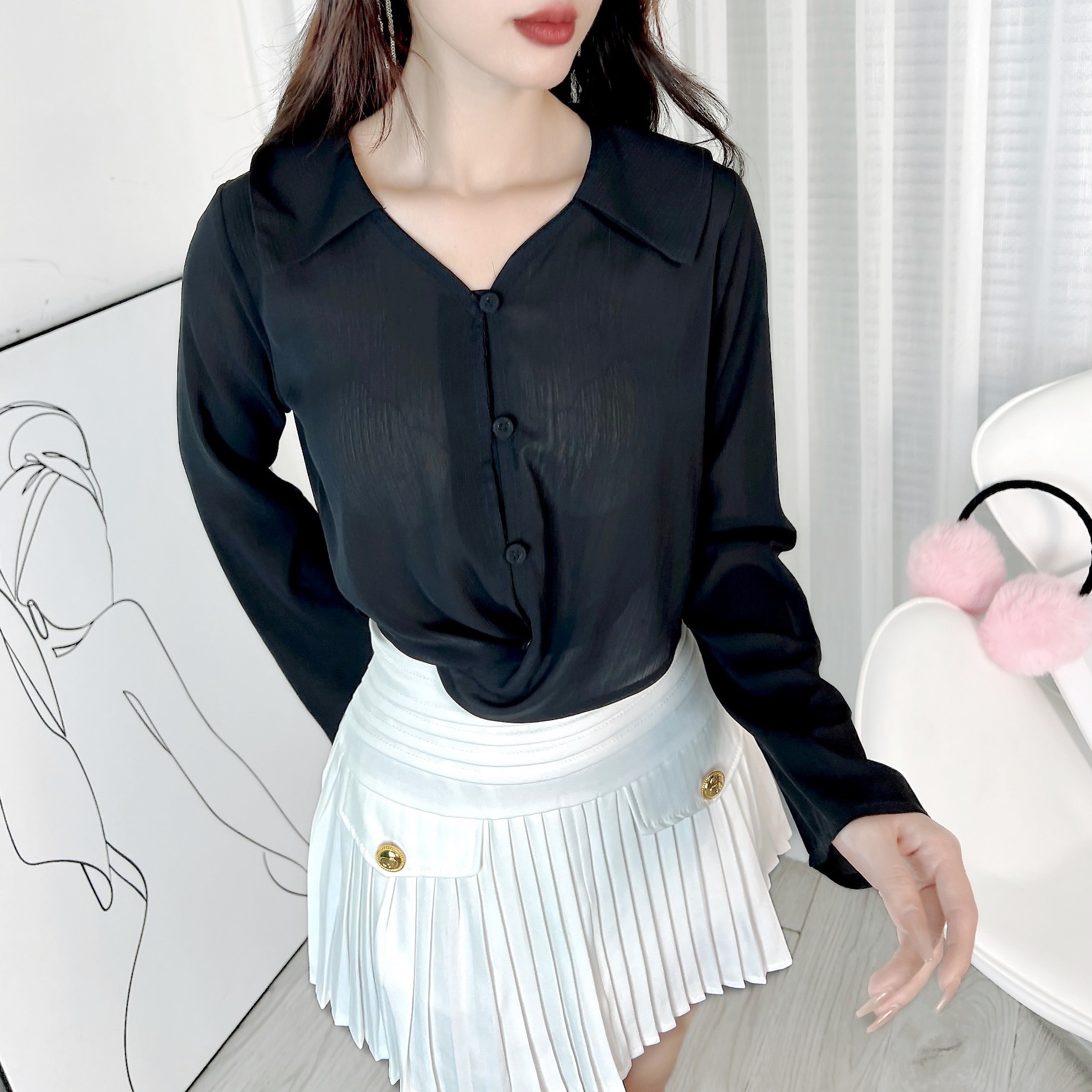 Áo Kiểu Nữ Sơ Mi Tay Loe Dài Phối Nút Bọc 3 Màu Nữ Tính Chất Tơ Vân Lụa Đi Làm Đi Chơi MIMIX - DO9